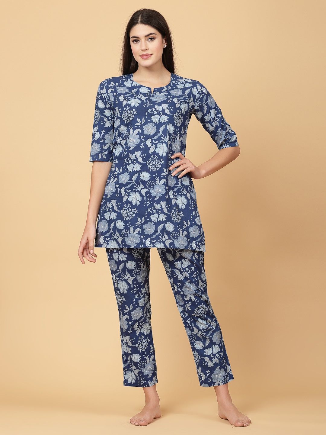 

Pistaa Floral Printed Pure Cotton Night Suit, Blue