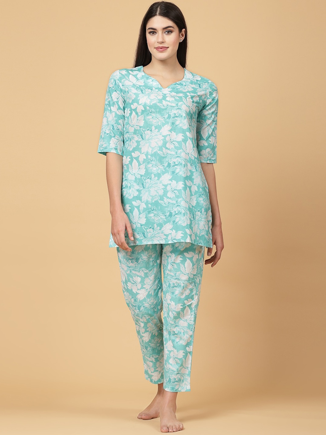 

Pistaa Floral Printed Pure Cotton Night suit, Sea green