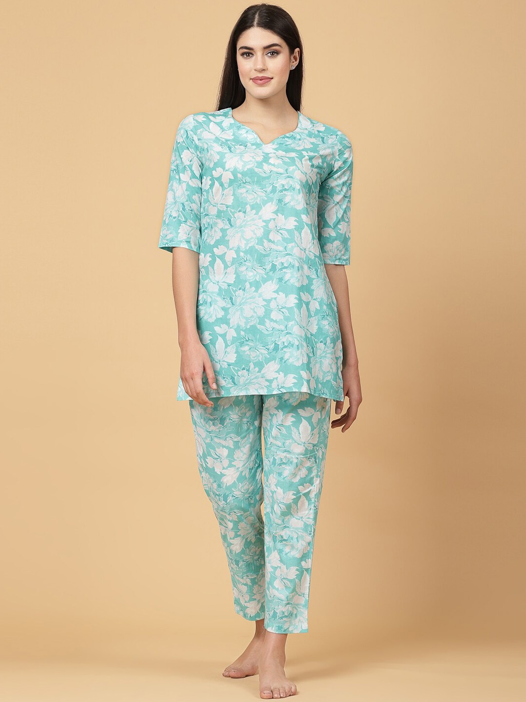 

Pistaa Floral Printed Pure Cotton Night suit, Sea green