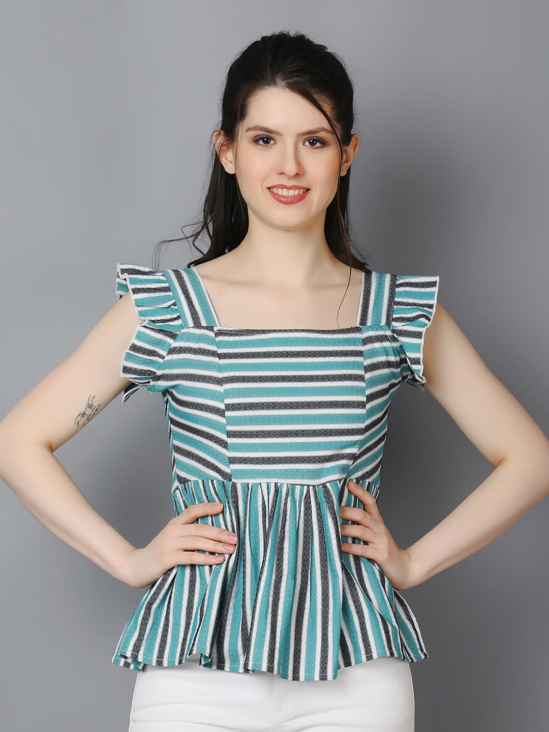 

Zuvino Striped Flutter Sleeves Cotton Peplum Top, Teal