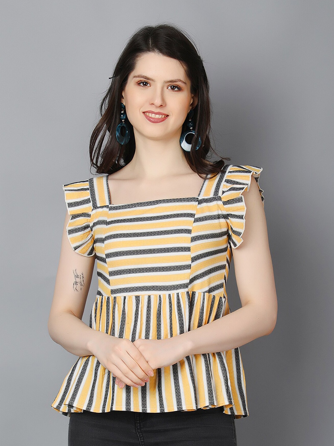 

Zuvino Striped Flutter Sleeves Cotton Peplum Top, Yellow