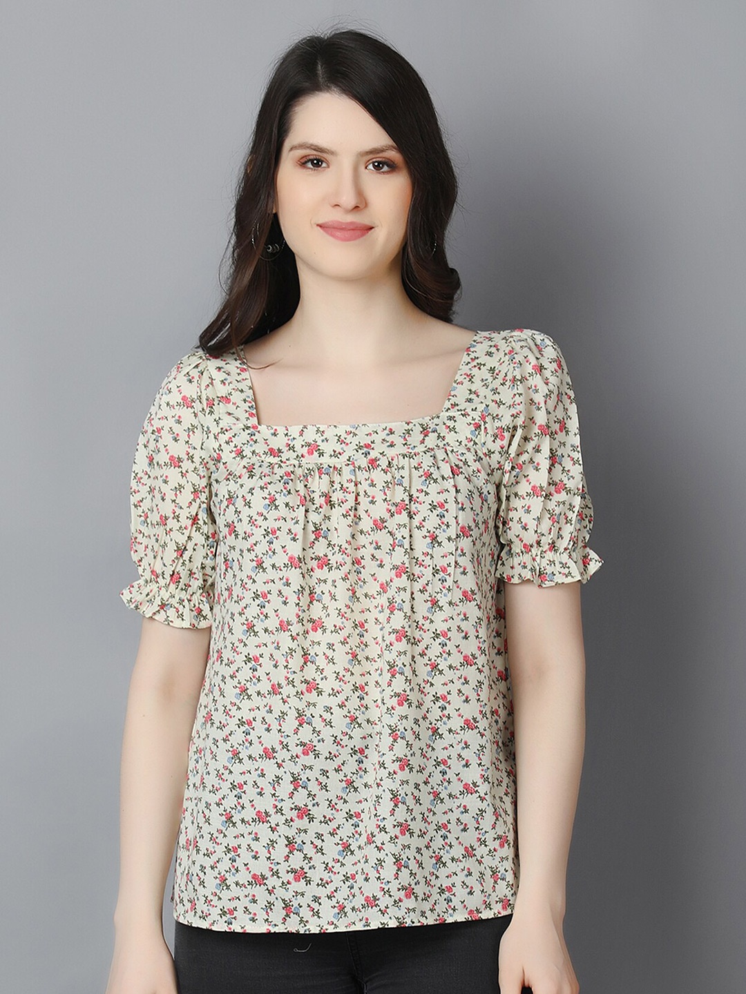 

Zuvino Floral Printed Square Neck Cotton Top, Off white
