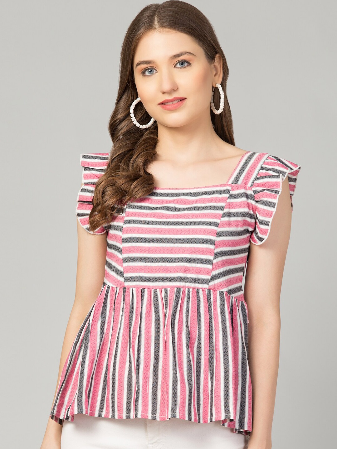 

Zuvino Striped Flutter Sleeves Cotton Peplum Top, Pink