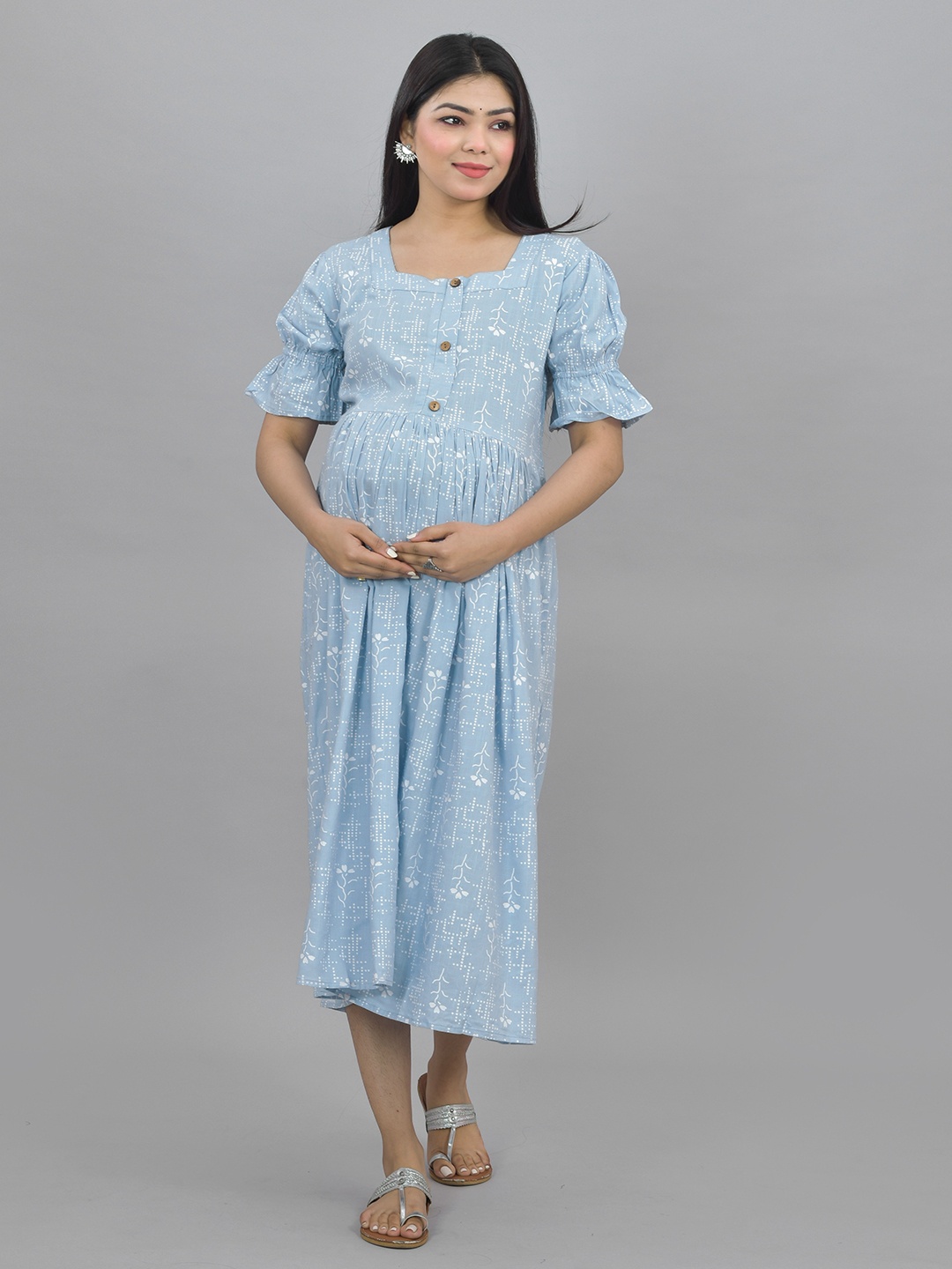 

Negen Ethnic Motifs Printed Puff Sleeves Maternity A-Line Midi Dress With Feeding Zip, Blue