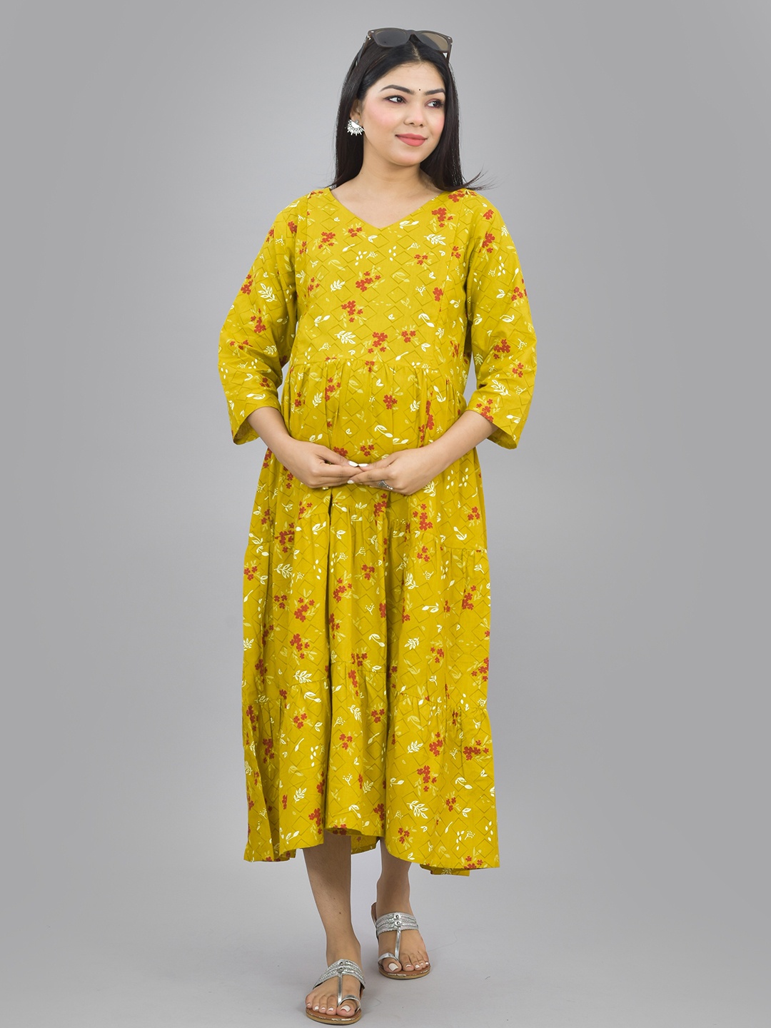 

Negen Floral Printed Cotton V-Neck Cotton Maternity Fit and Flare Midi Dress, Mustard