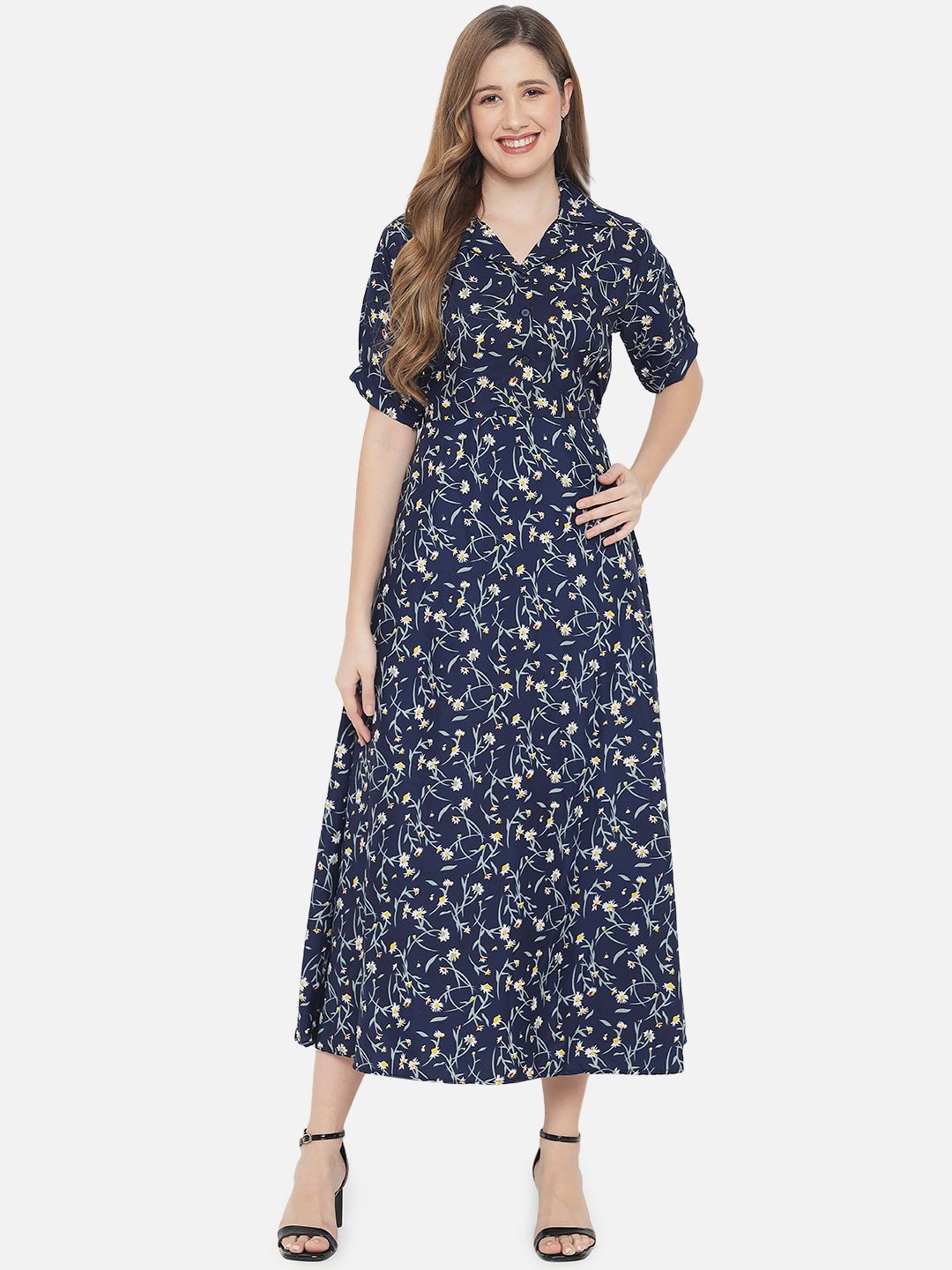 

Indietoga Floral Printed Crepe Fit & Flare Long Maxi Dress, Blue