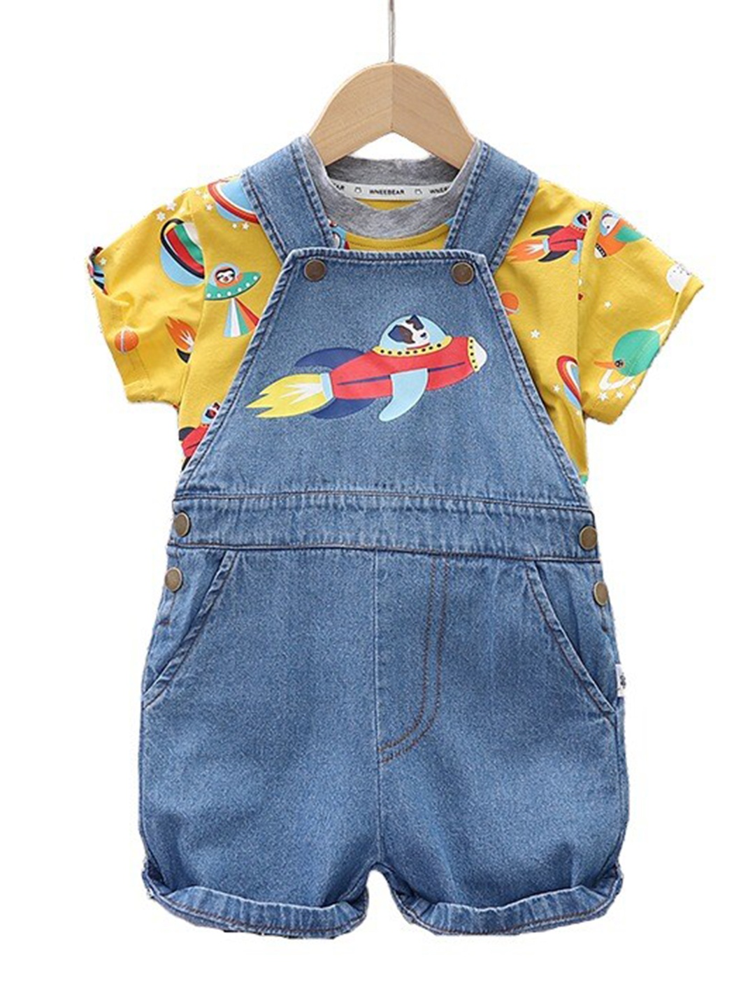 

StyleCast Infants Unisex Printed Cotton Denim Dungaree With T-Shirt, Yellow