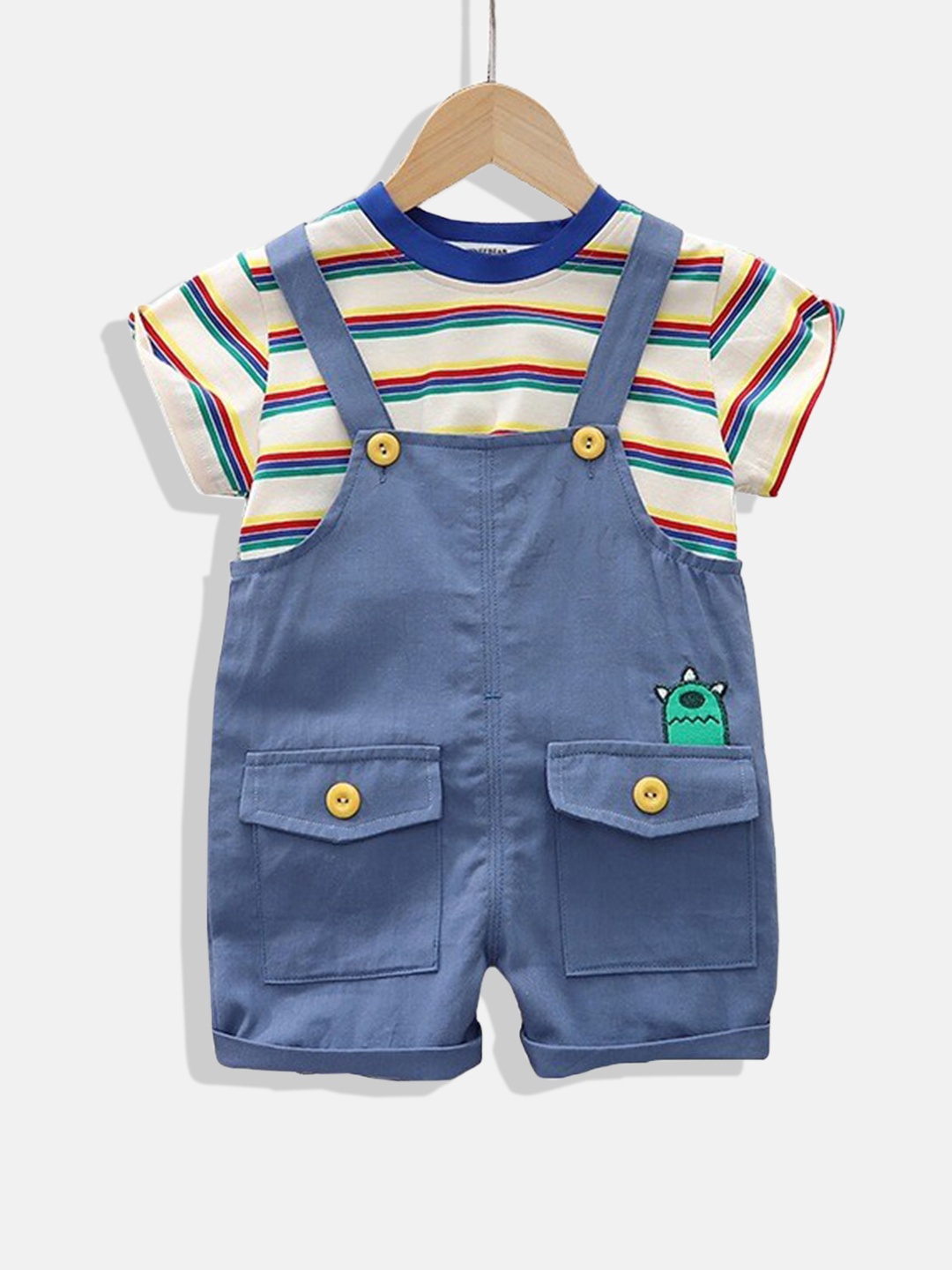 

StyleCast Infants Kids Striped Pure Cotton Dungaree With T-Shirt, Blue