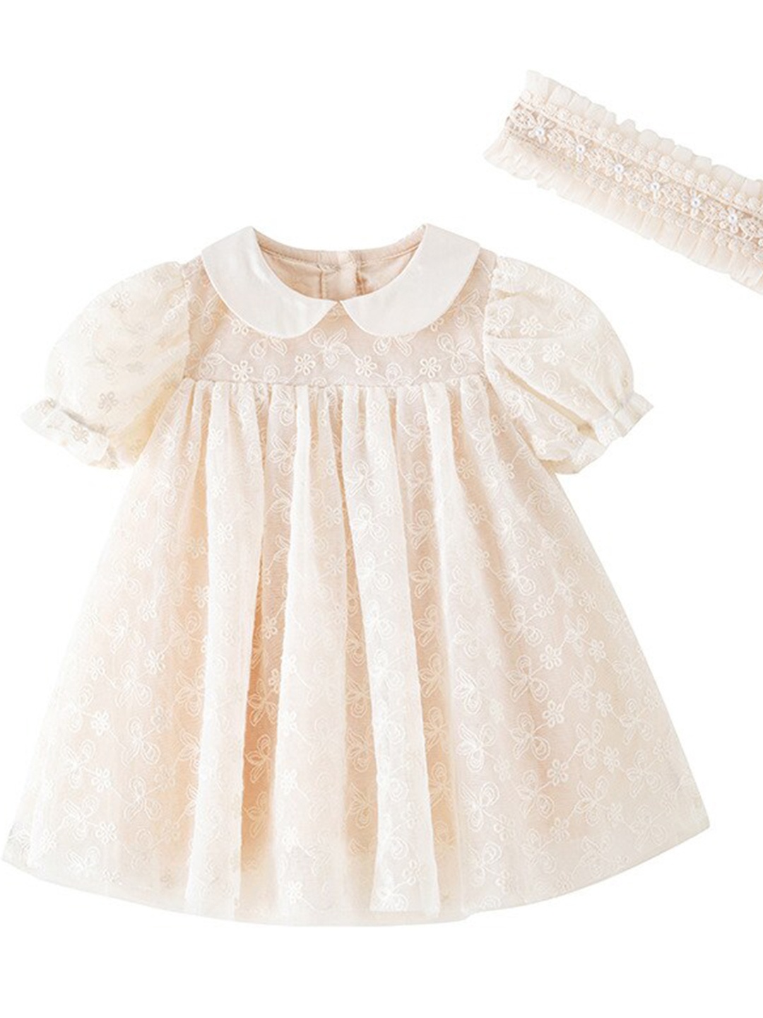 

StyleCast Girls Beige Floral Embroidered Peter Pan Collar Cotton A-Line Dress