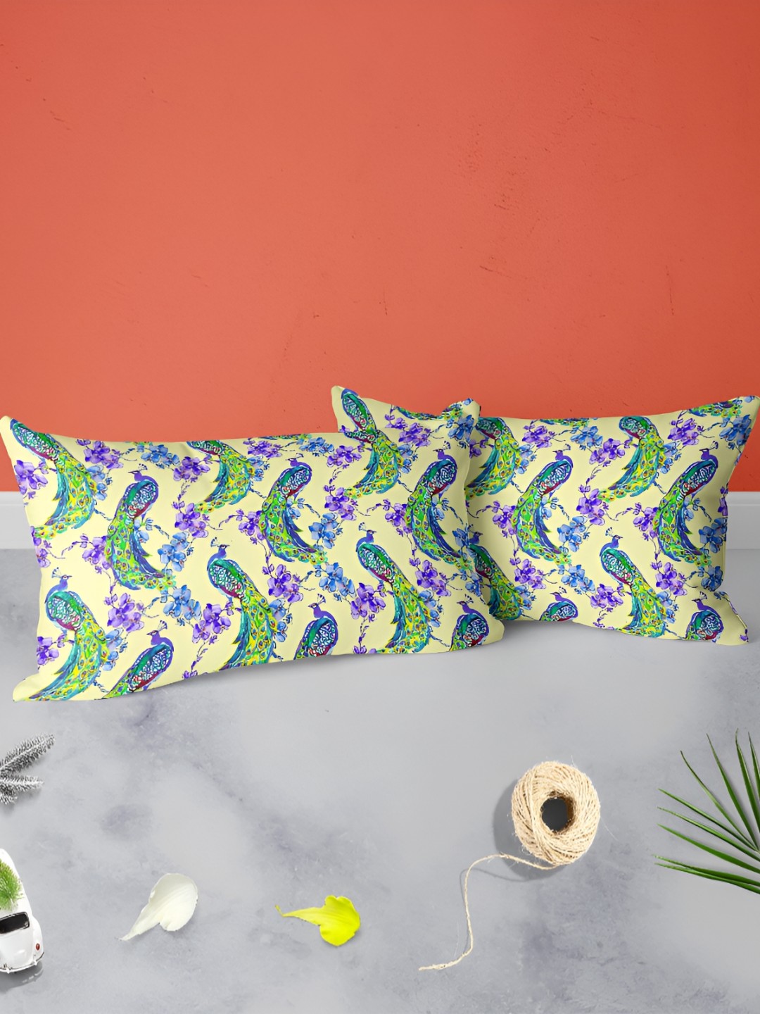 

ArtzFolio Cream & Green 2 Pieces Velvet Self Design Rectangle Pillow Covers