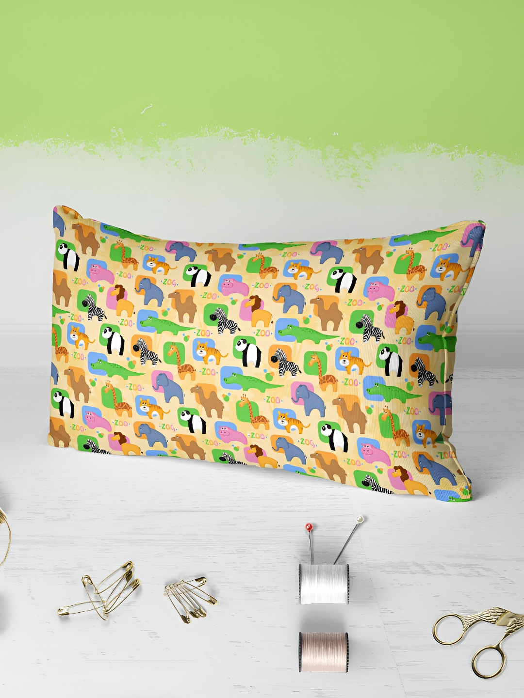 

ArtzFolio Beige & Green 2 Pieces Self Design Printed Rectangle Pillow Covers