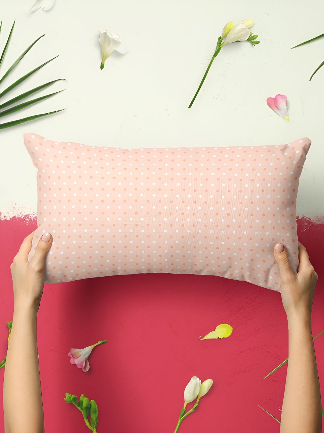 

ArtzFolio White & Peach Coloured 2 Pieces Polka Dots Printed Rectangle Pillow Covers