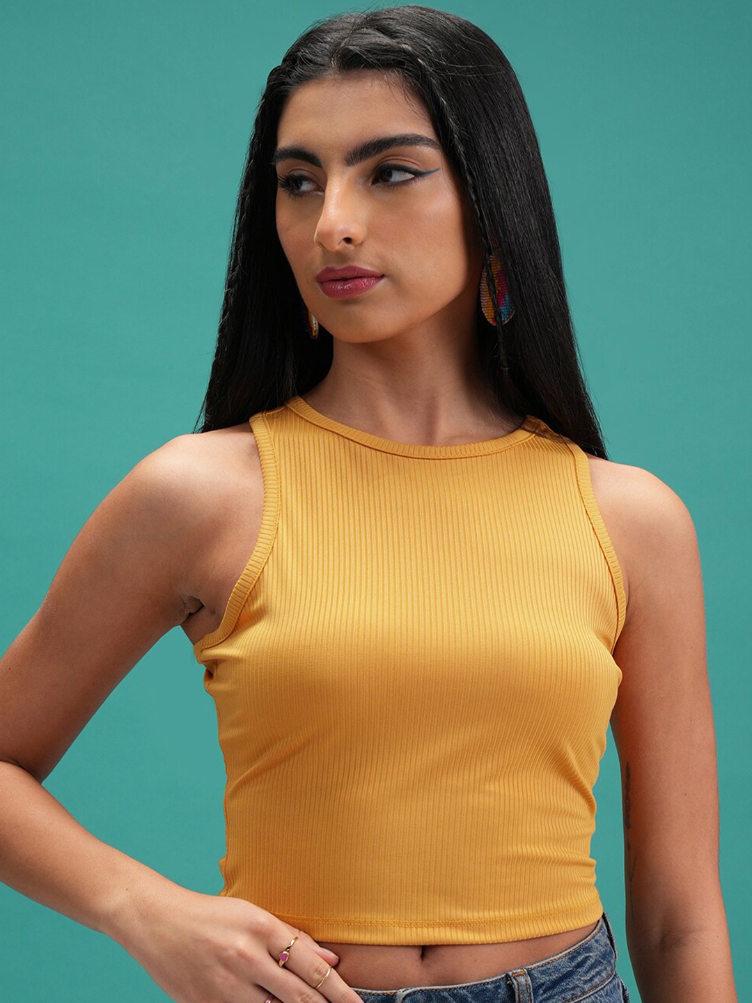 

Basics By Tokyo Talkies Yellow Sleeveless Crop Regular Top