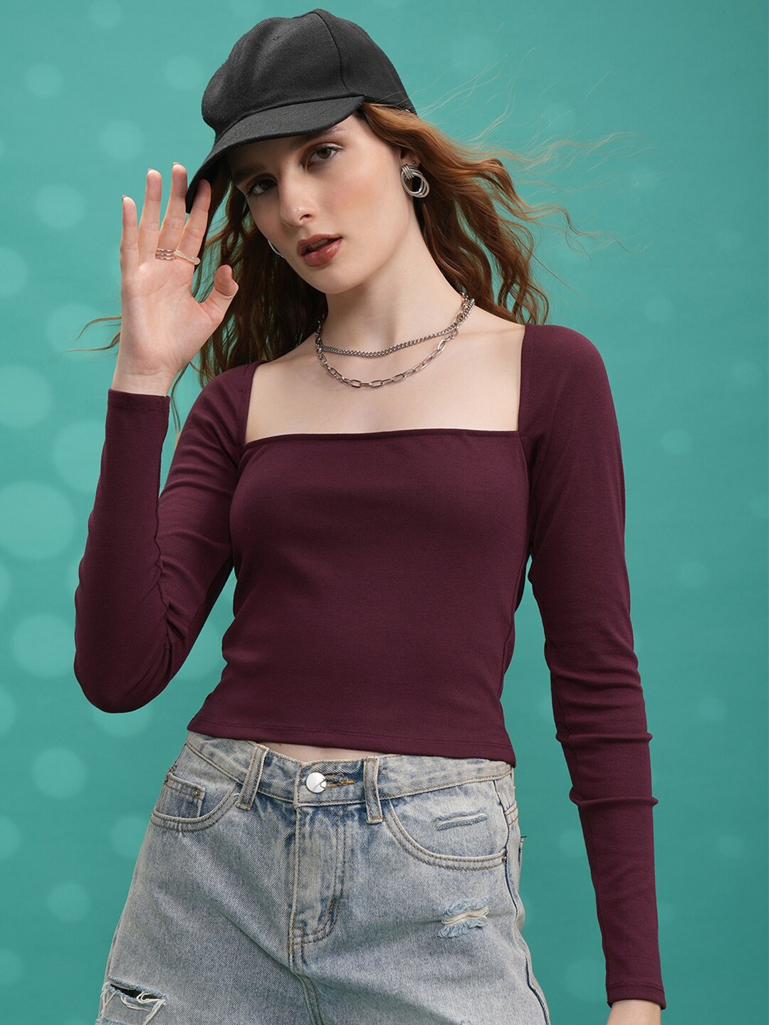 

Tokyo Talkies Burgundy Square Neck Cut Out Top