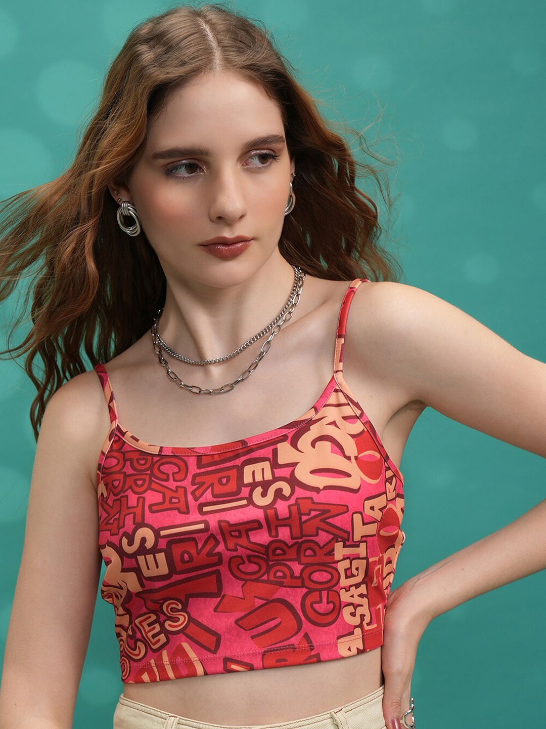 

Tokyo Talkies Red Typography Print Shoulder Strap Crop Top