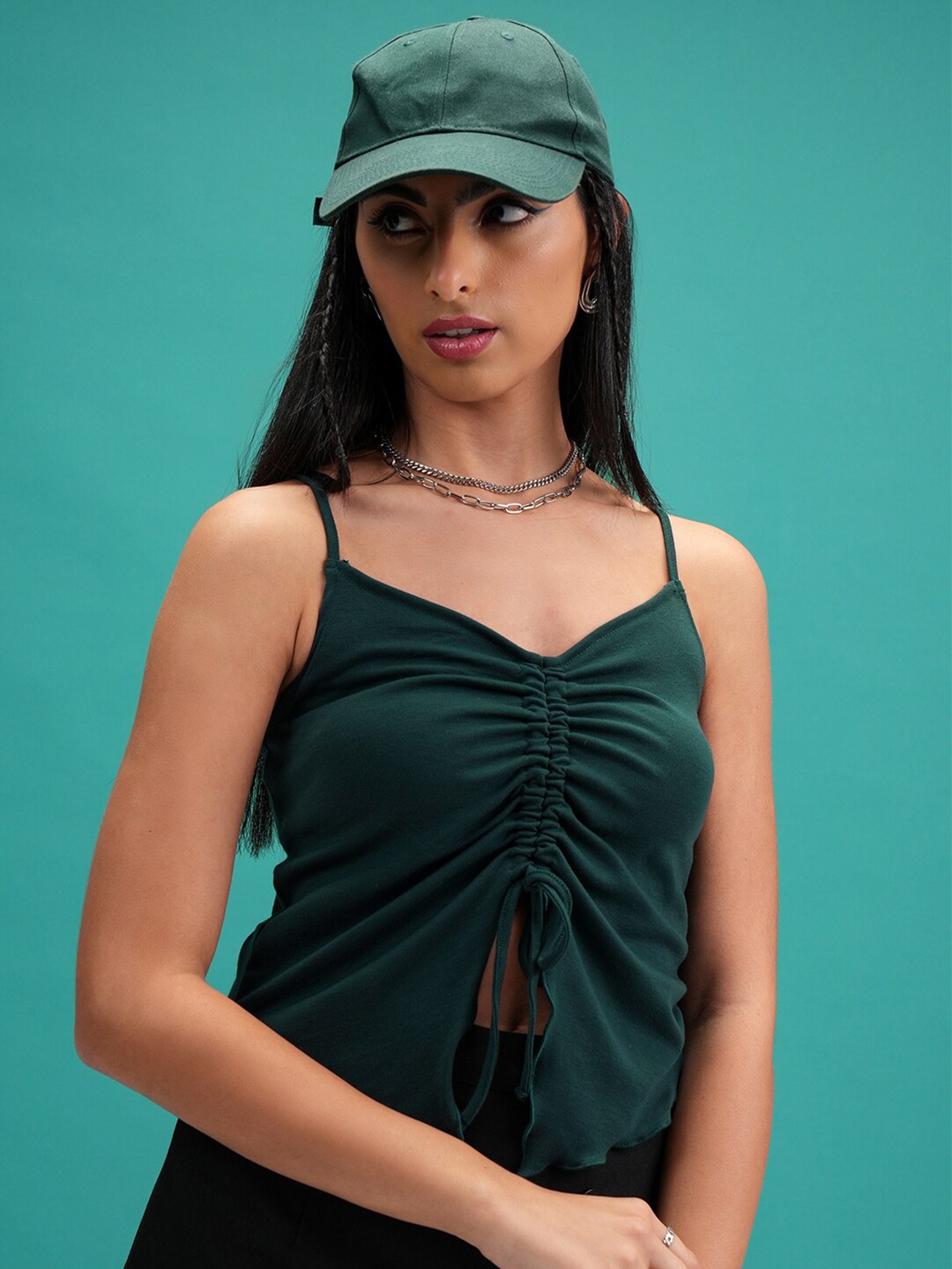

Tokyo Talkies Green Shoulder Straps Ruched Top