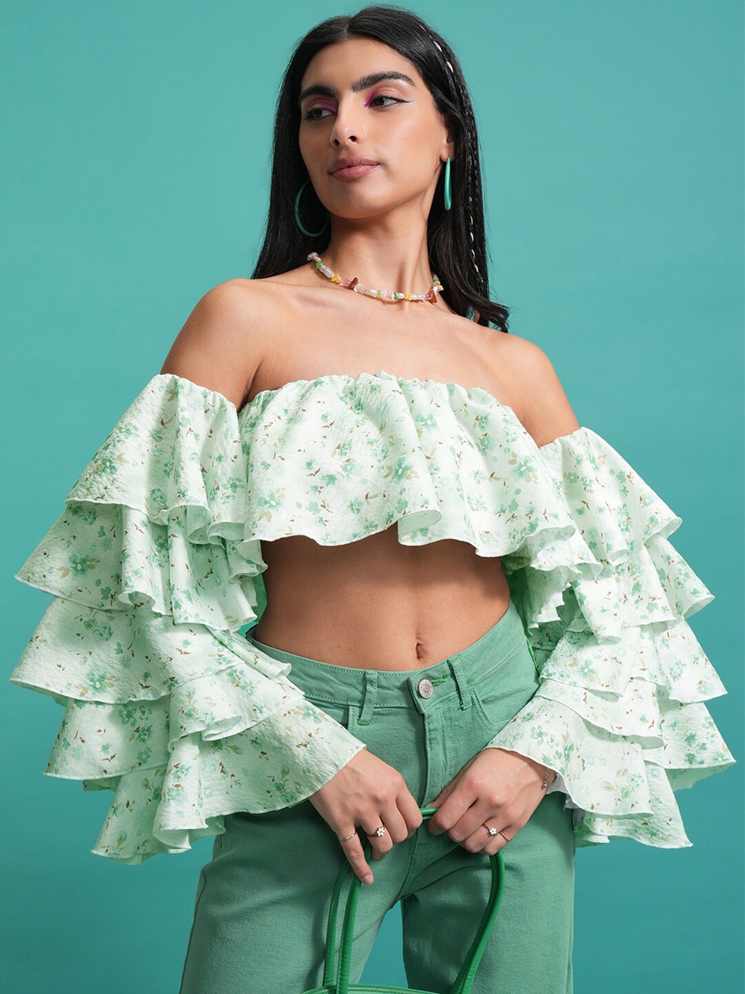 

Tokyo Talkies Green Floral Printed Off-Shoulder Bell Sleeves Ruffled Bardot Crop Top
