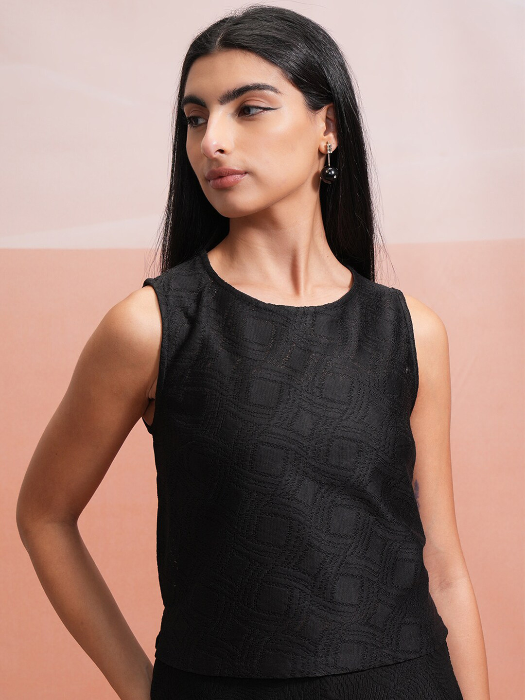 

Tokyo Talkies Black Self Design Crochet Tank Top