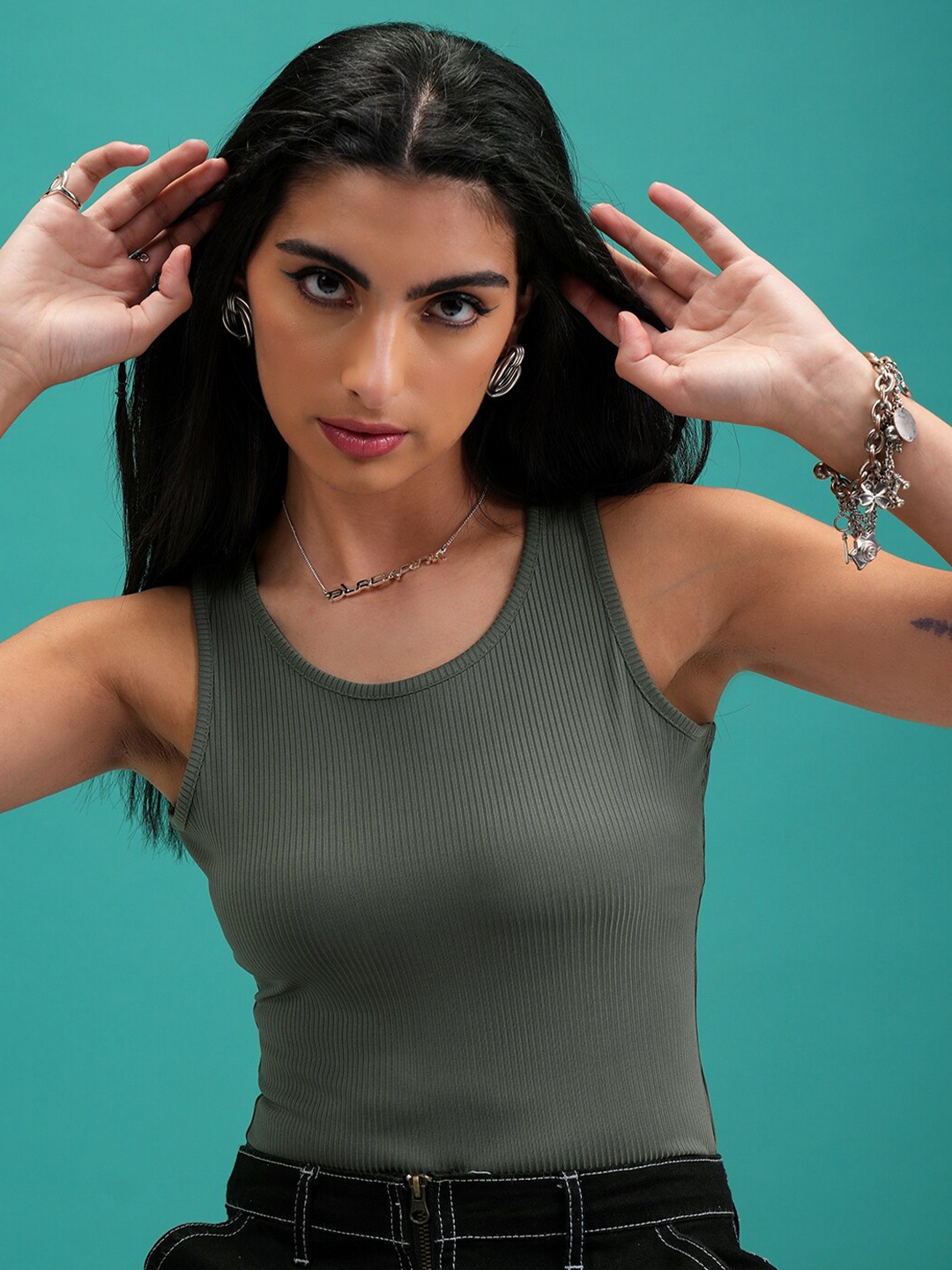 

Tokyo Talkies Olive Green Ribbed Round Neck Tank Top