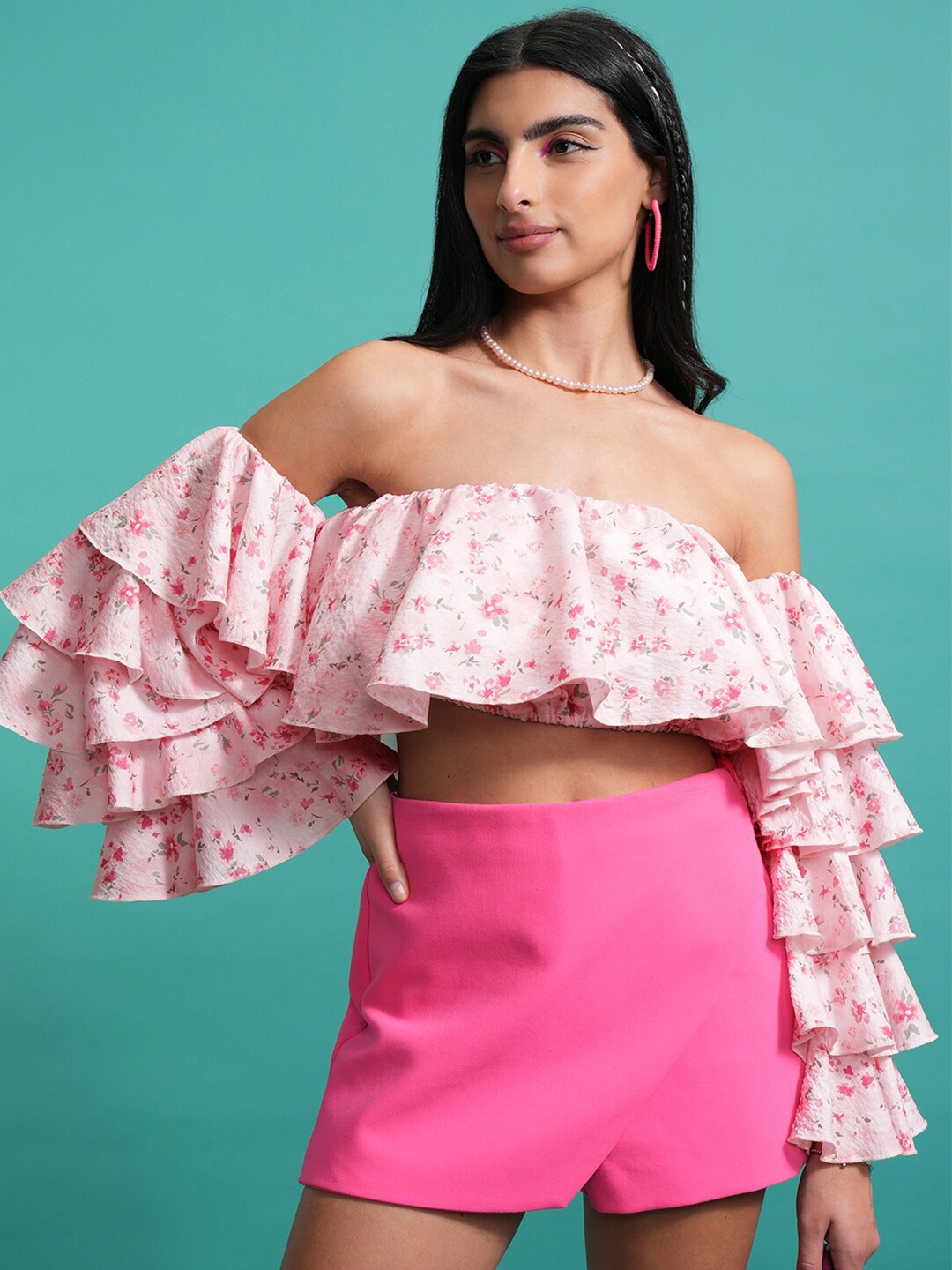 

Tokyo Talkies Pink Floral Print Off-Shoulder Flared Sleeve Bardot Crop Top