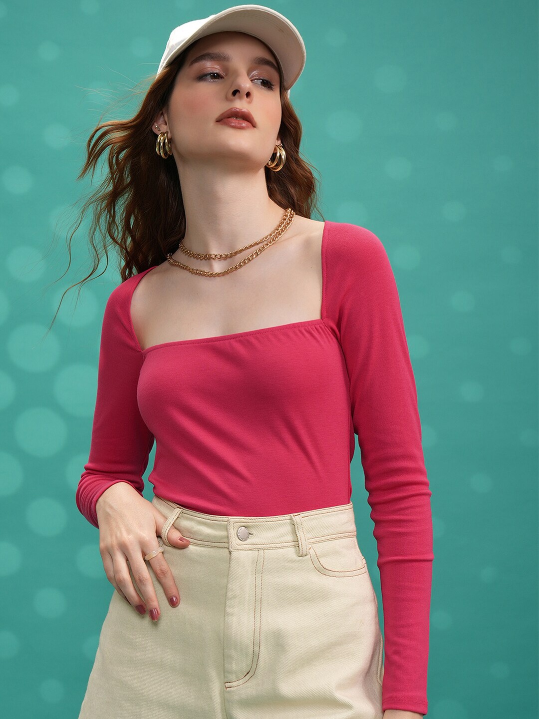 

Tokyo Talkies Pink Square Neck Long Sleeves Top