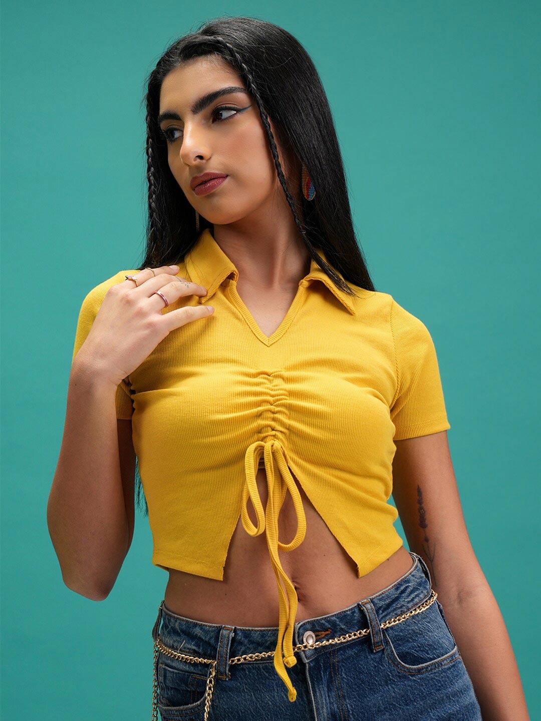 

Tokyo Talkies Mustard Yellow Ribbed Shirt Collar Ruched Crop Top