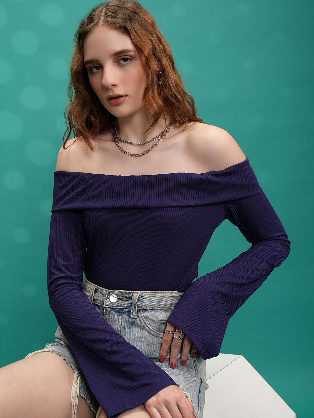 

Tokyo Talkies Purple Off-Shoulder Long Sleeves Bardot Top