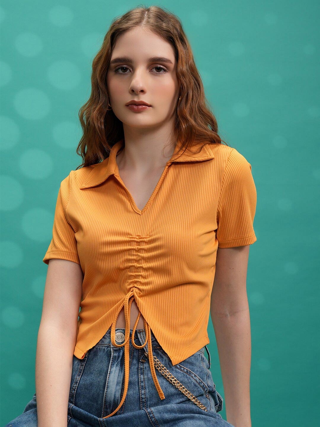 

Tokyo Talkies Yellow Shirt Collar Crop Top
