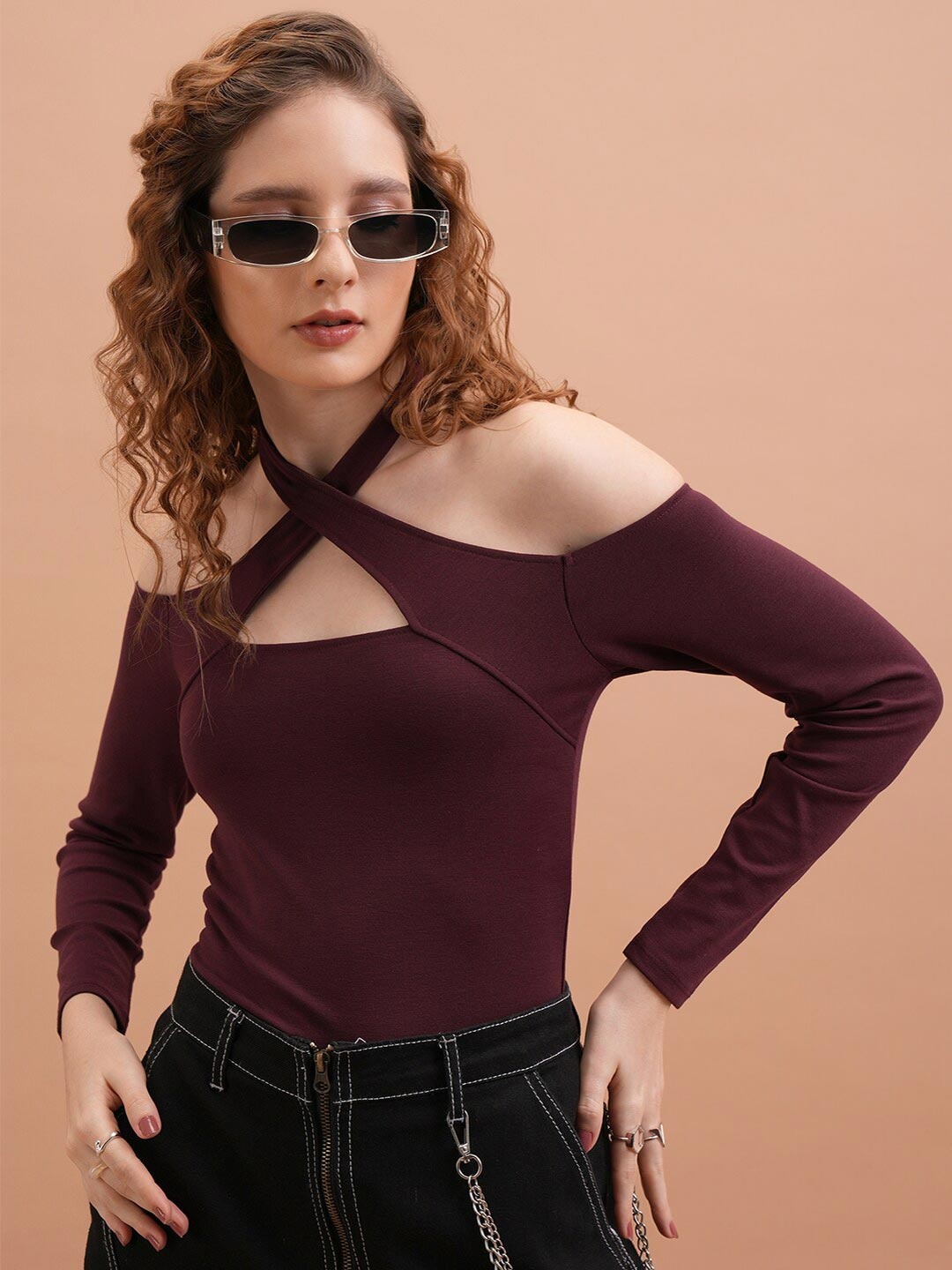 

Tokyo Talkies Halter Neck Bardot Top, Burgundy