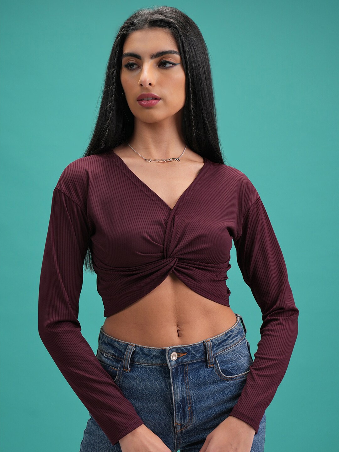 

Tokyo Talkies V-Neck Twisted Crop Top, Burgundy