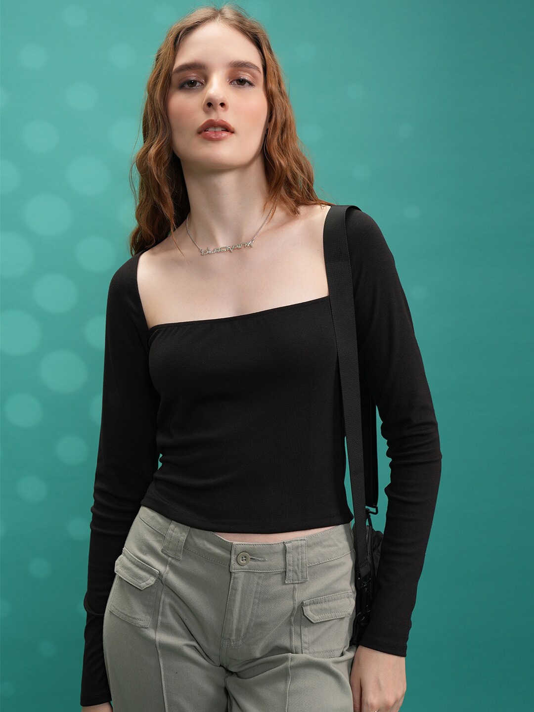 

Tokyo Talkies Square Neck Long Sleeves Crop Top, Black