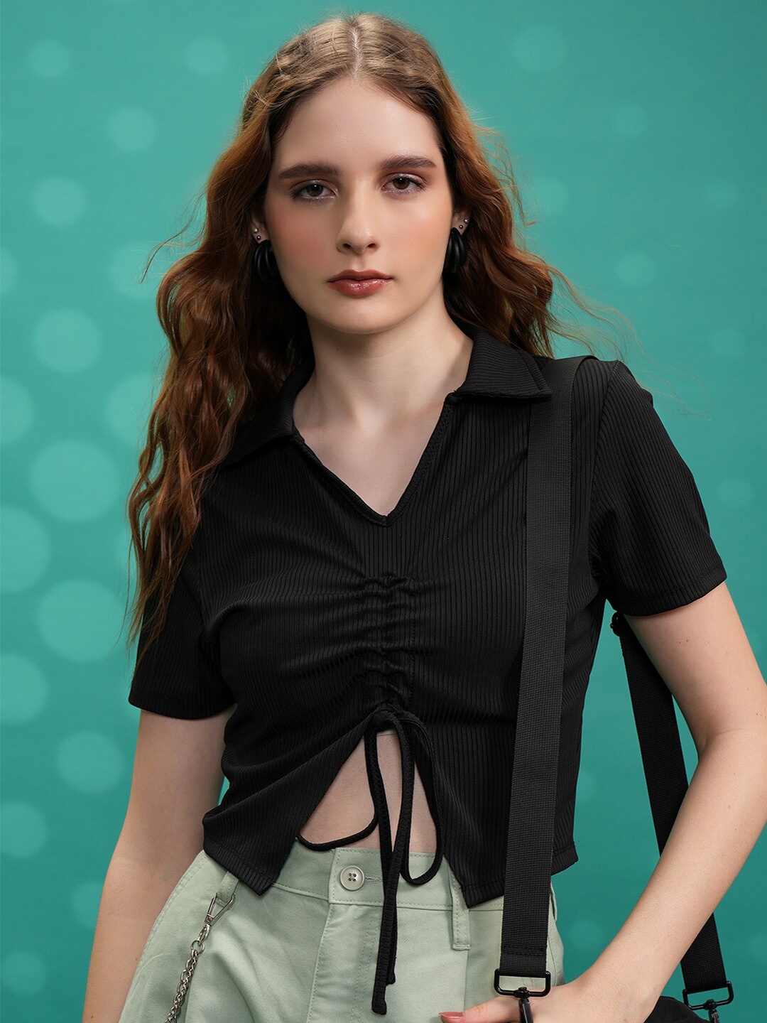

Tokyo Talkies Black Ribbed Tie-Ups Ruched Crop Top