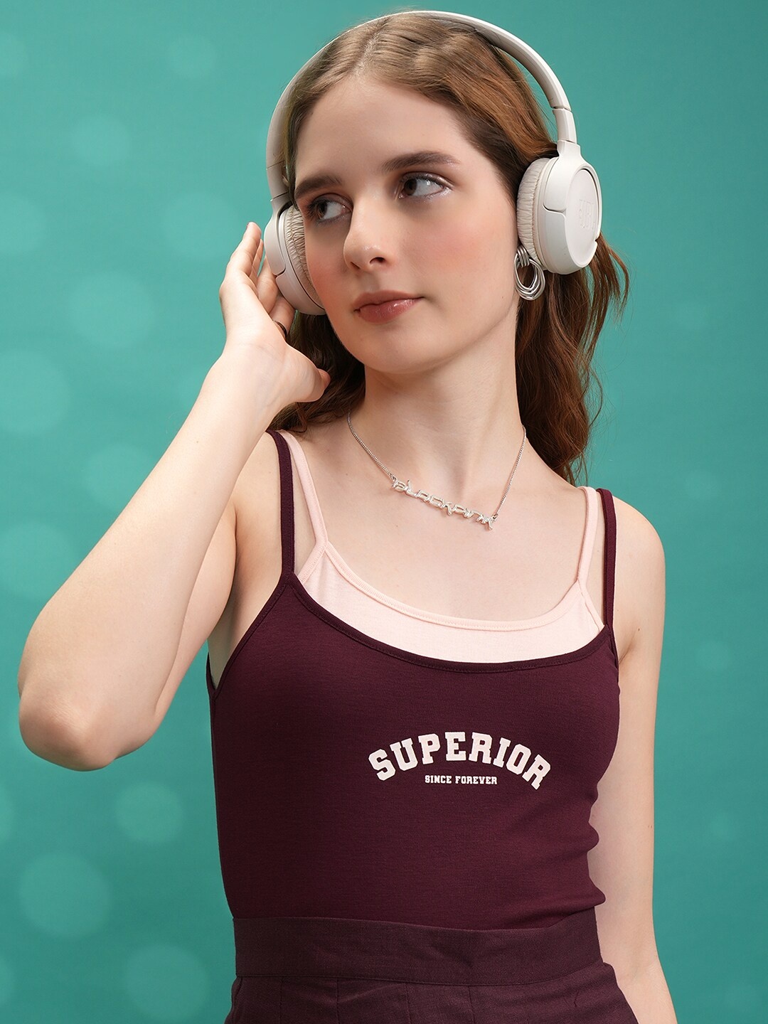 

Tokyo Talkies Burgundy Typography Printed Shoulder Strap Crop Top