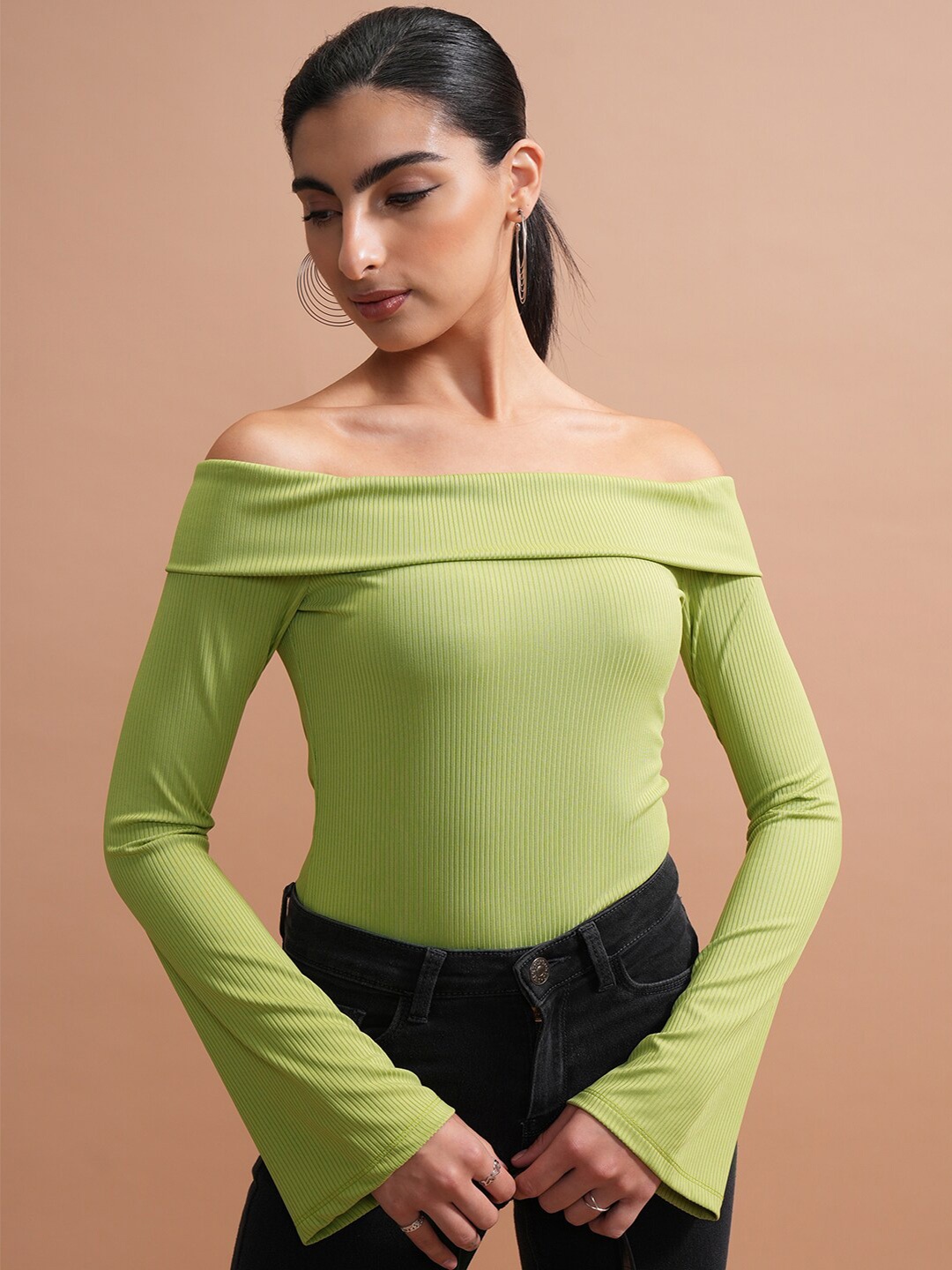 

Tokyo Talkies Green Ribbed Off-Shoulder Bell Sleeves Bardot Top