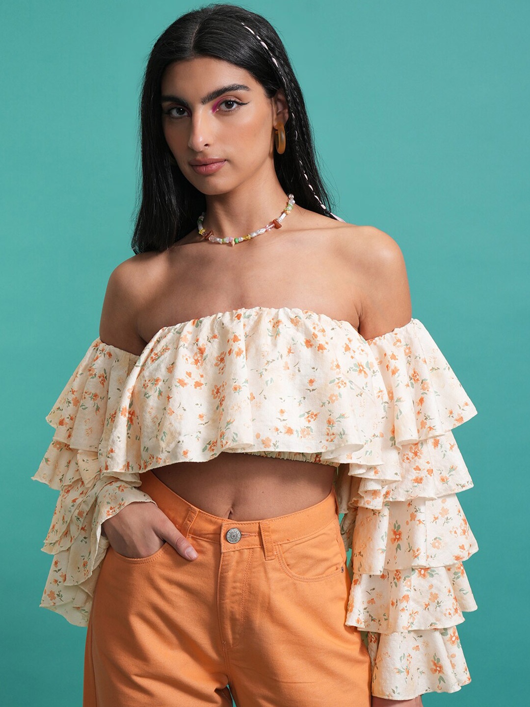 

Tokyo Talkies Orange Floral Print Off-Shoulder Flared Sleeve Bardot Crop Top