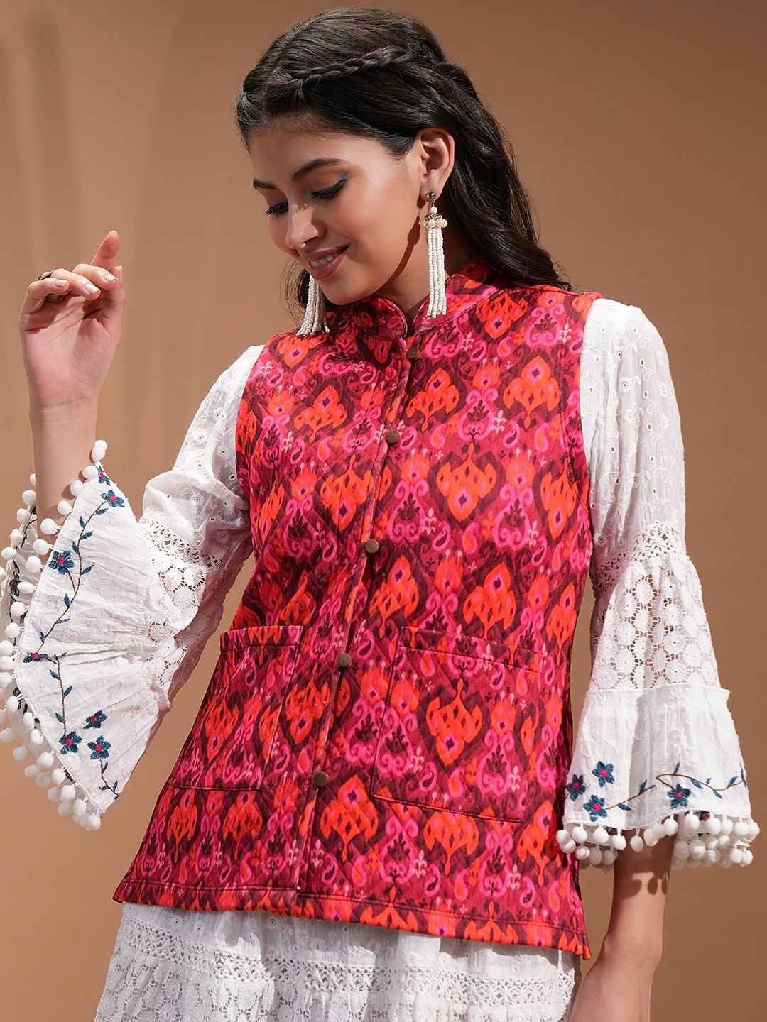 Vishudh Red Floral Printed Mandarin Collar Crop Tailored Jacket