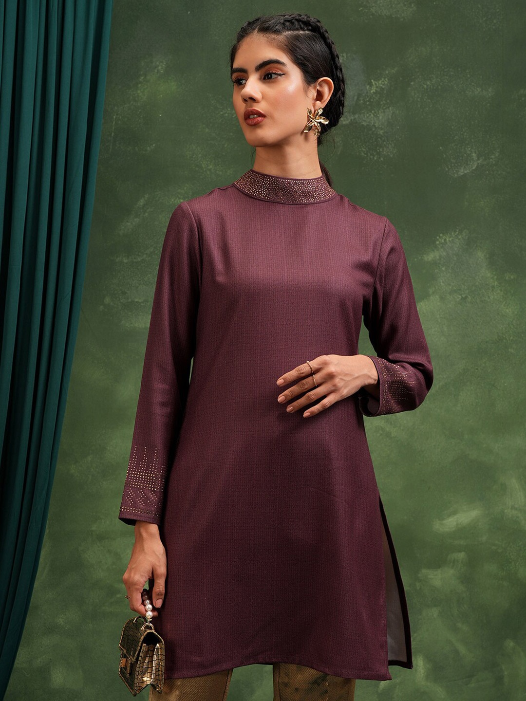 

Vishudh Maroon Long Sleeves Self Design High Neck Tunic