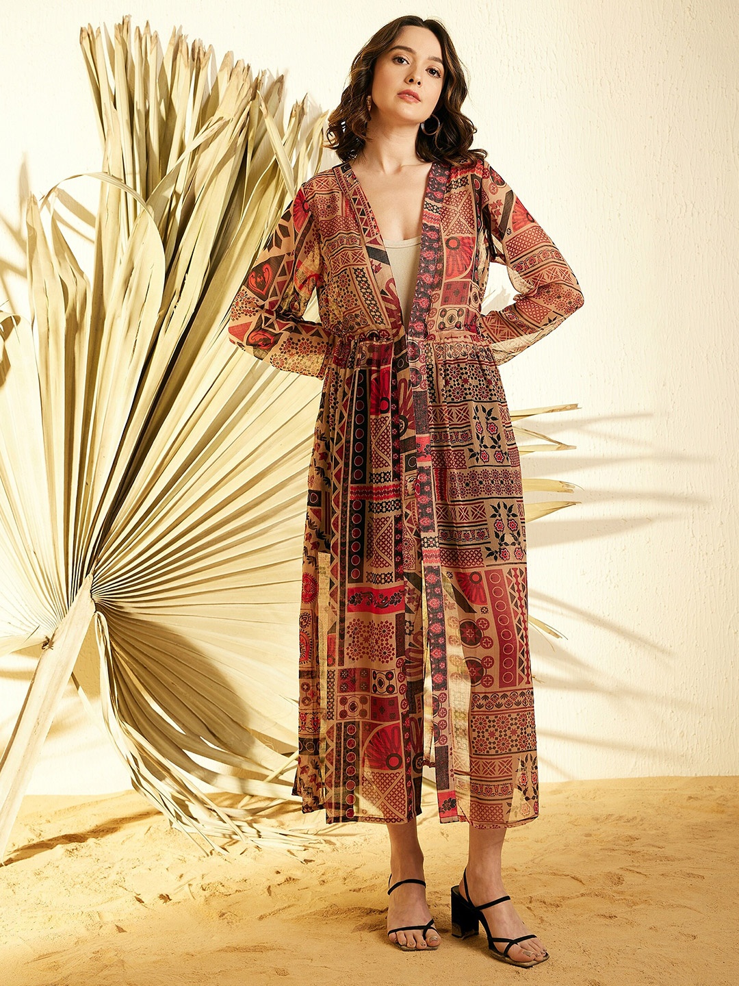 

StyleStone Printed Longline Tie-Up Shrug, Brown