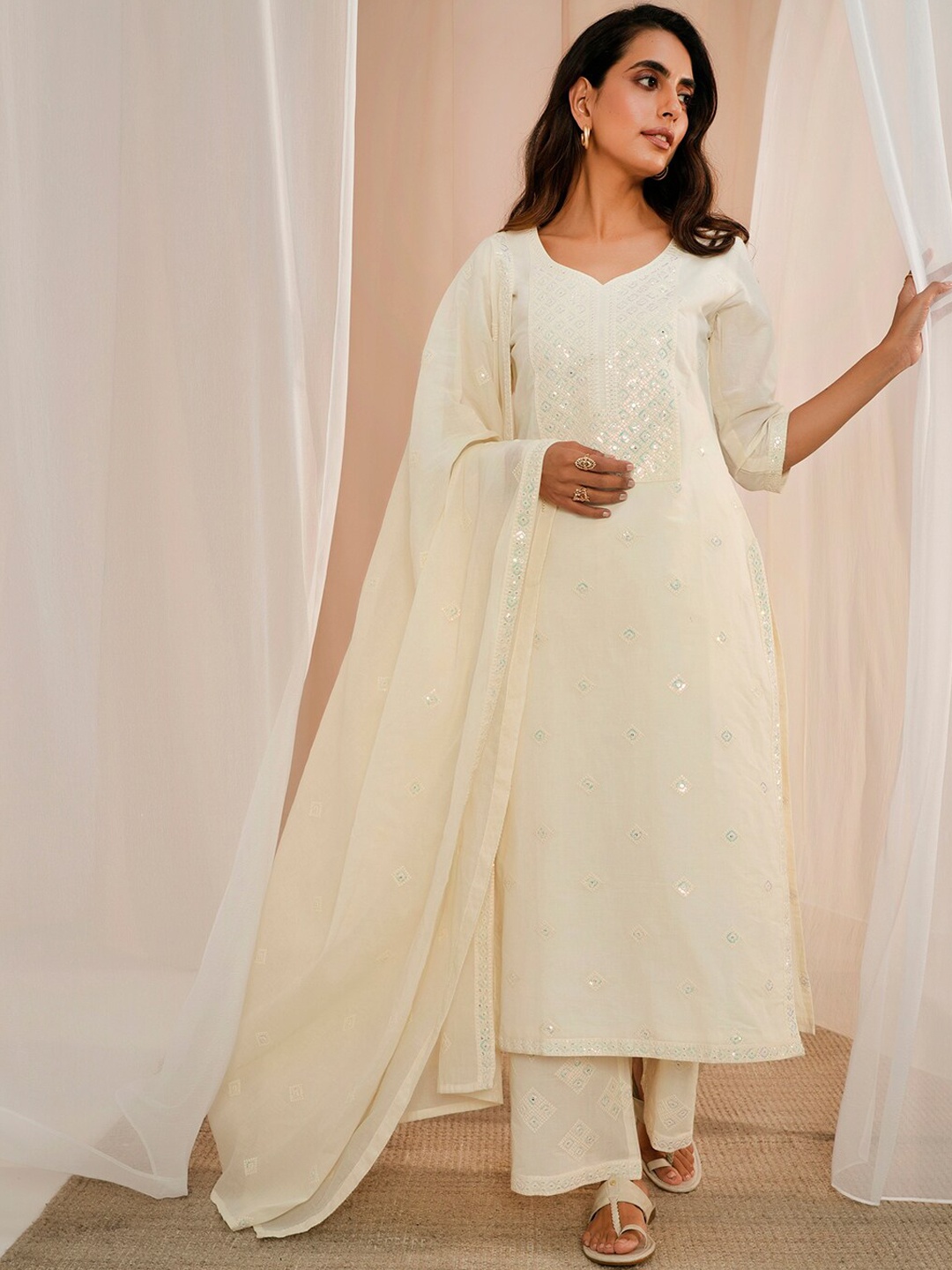 

Libas Ethnic Motifs Embroidered Thread Work Pure Cotton Kurta With Palazzos & Dupatta, Off white