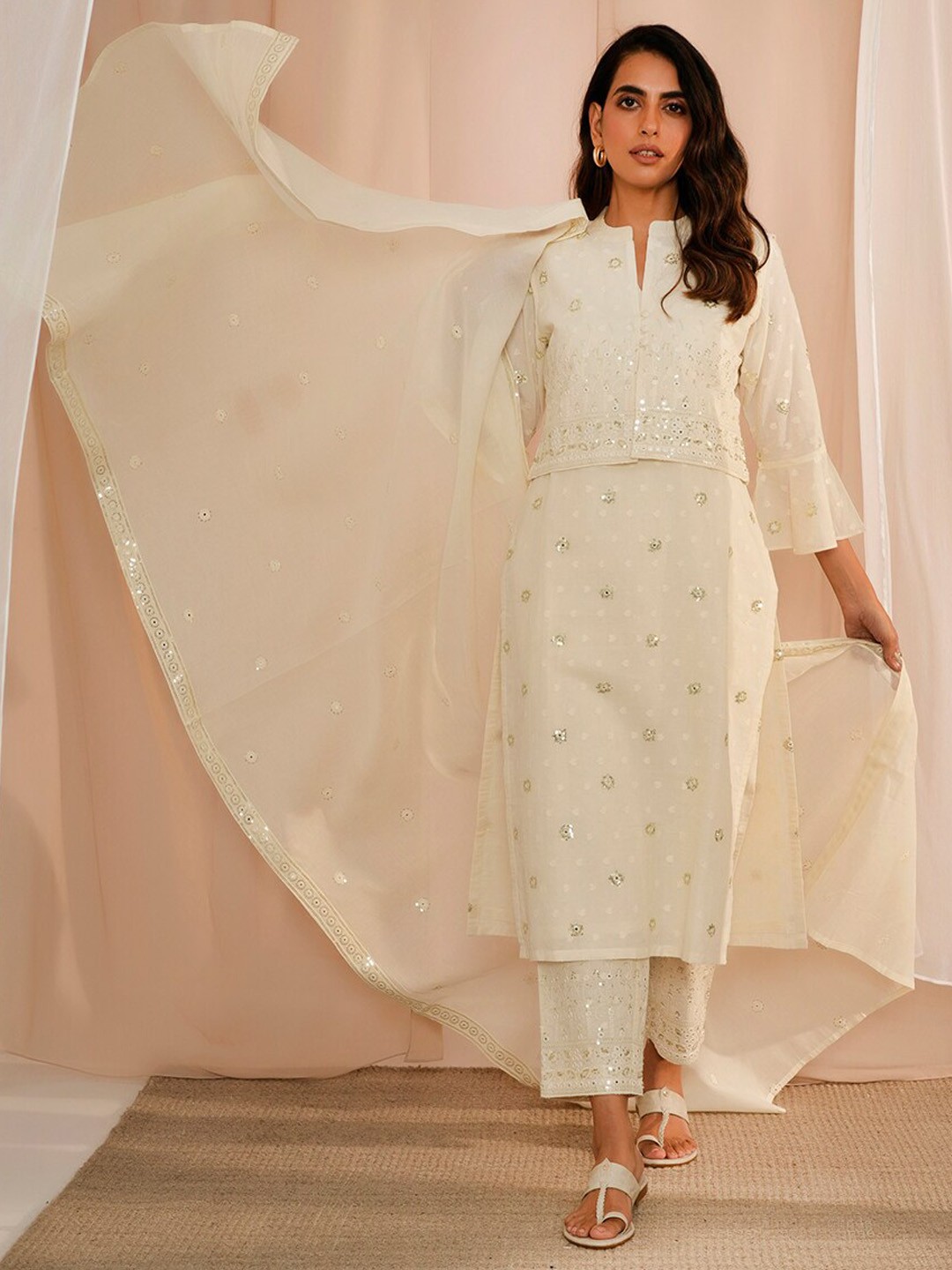 

Libas Floral Embroidered Regular Sequinned Pure Cotton Kurta With Trousers & Dupatta, Off white