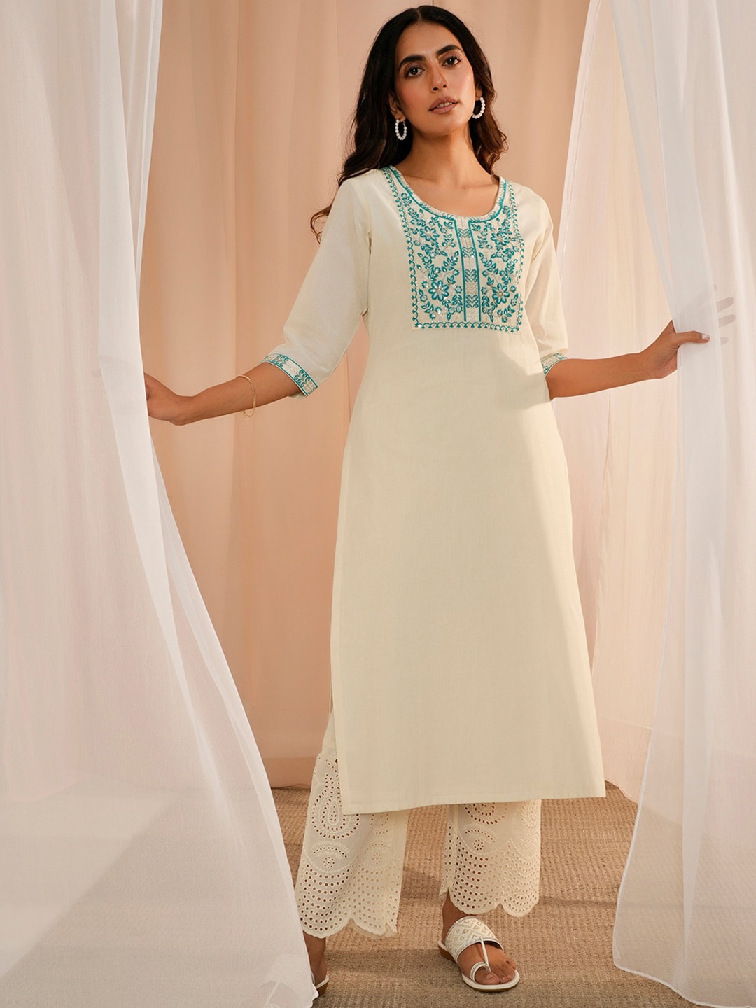 

Libas Floral Embroidered Yoke Design Round Neck Cotton Straight Kurta, Off white