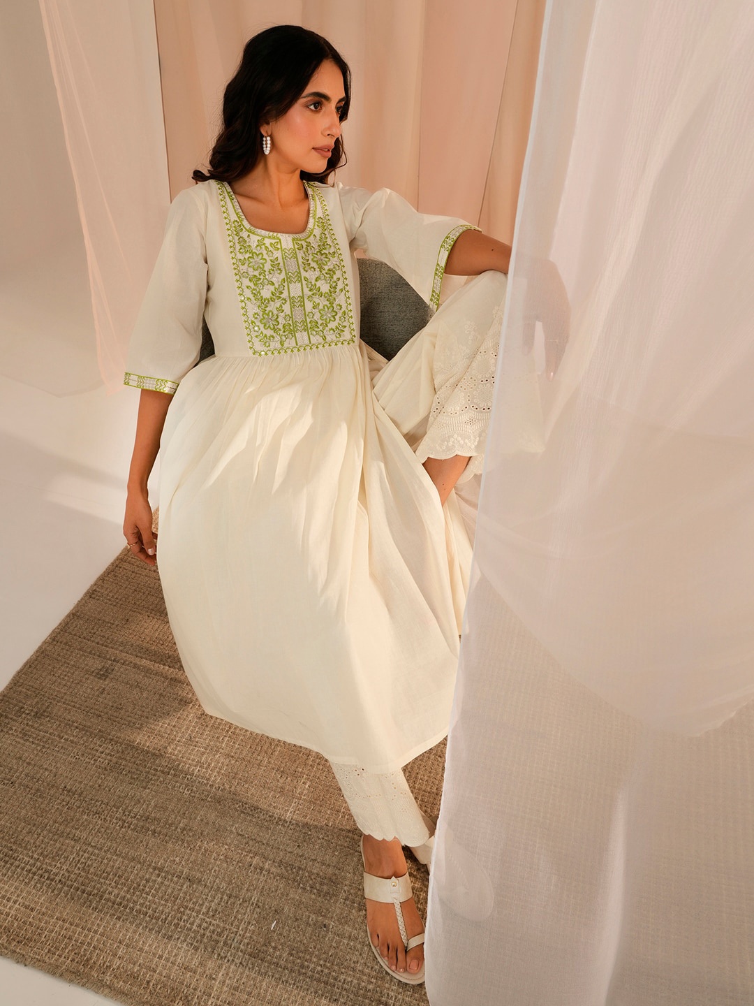 Libas Floral Yoke Design Pleated A-Line Kurta, Off white