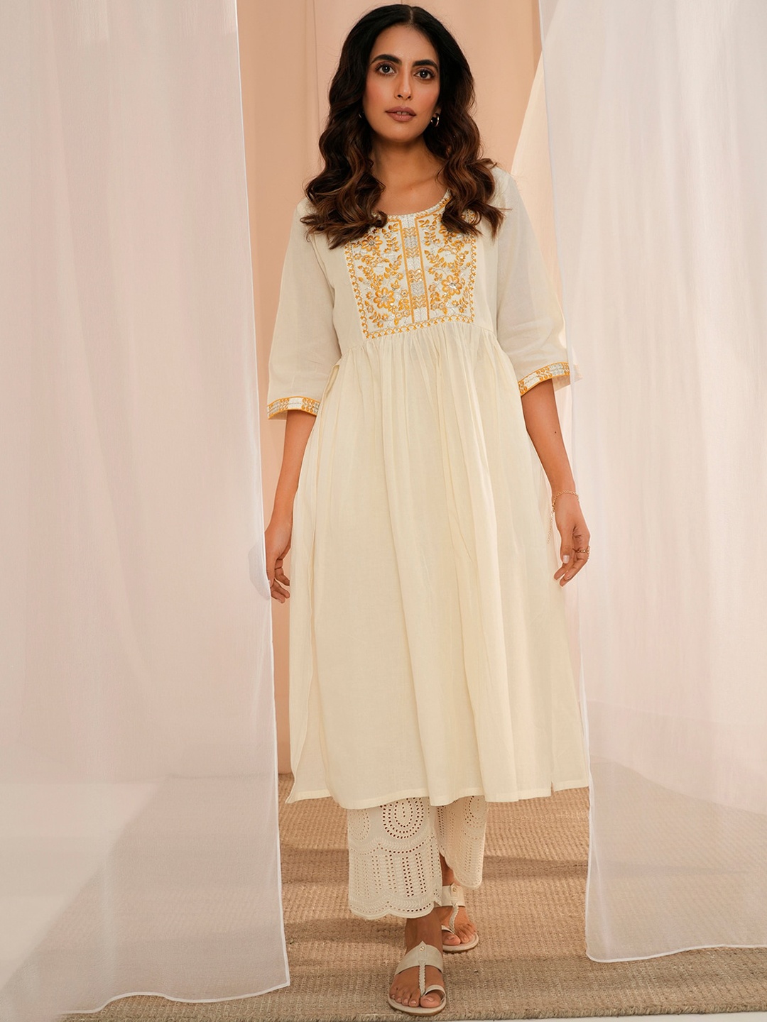 

Libas Yoke Design Thread Work Floral Anarkali Kurta, Off white