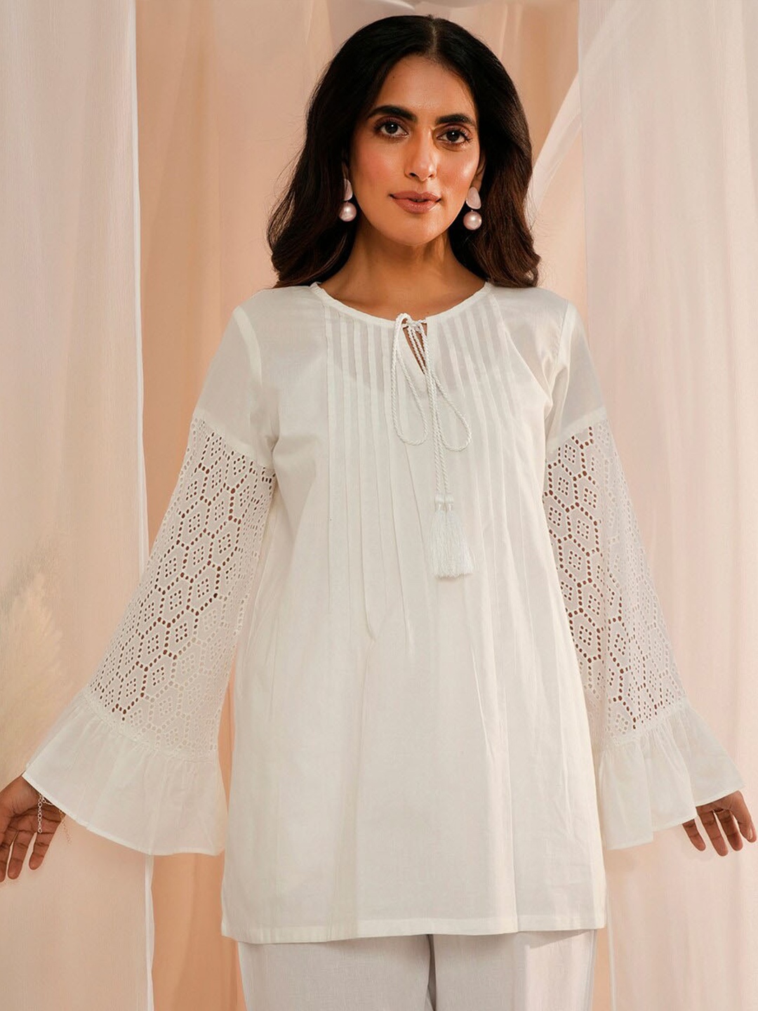 

Libas Floral Schiffli Tie Up Neck Pure Cotton Tunic, White