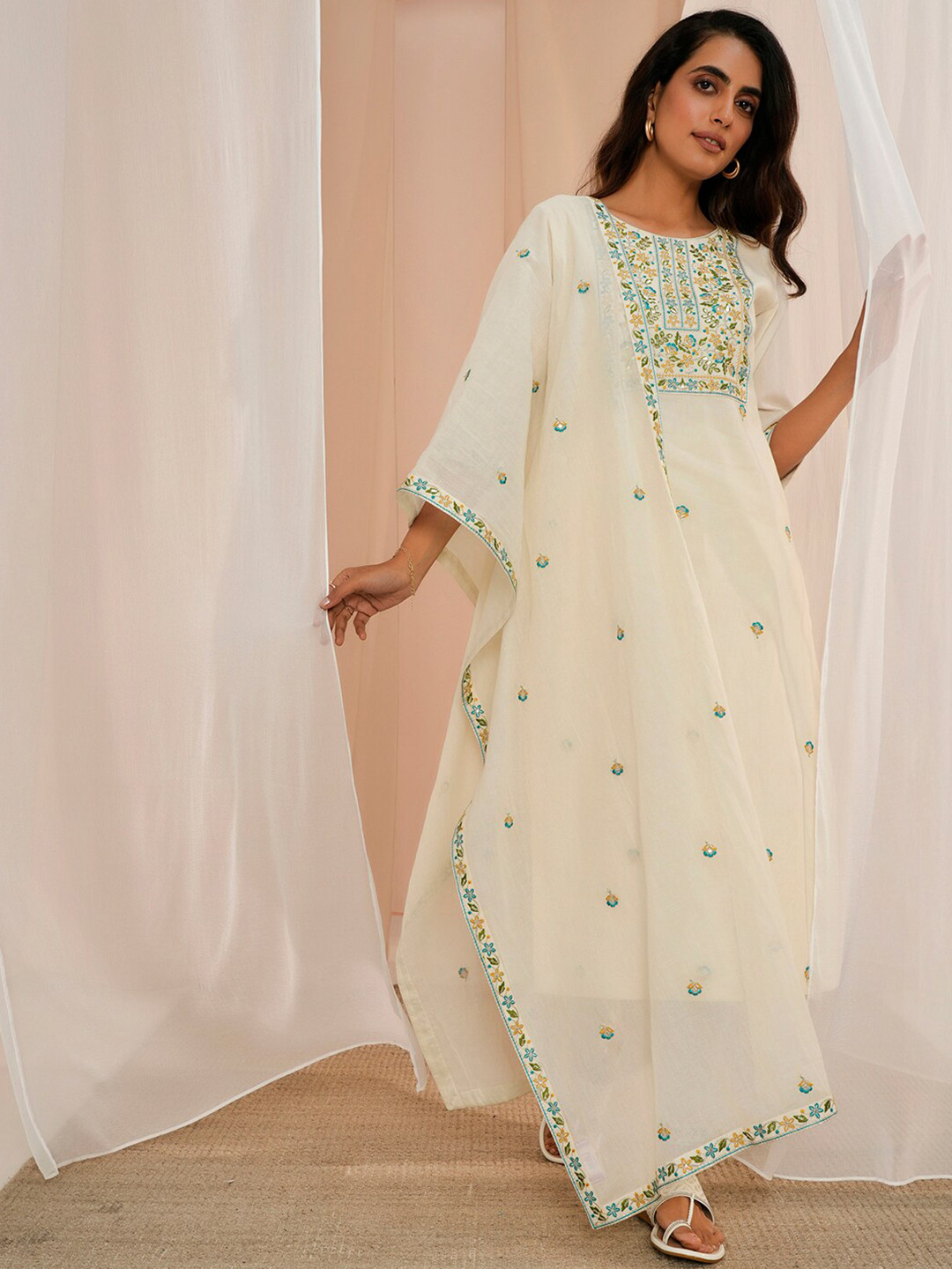 

Libas Floral Yoke Design Regular Thread Work Pure Cotton Kurta With Trousers & Dupatta, Off white