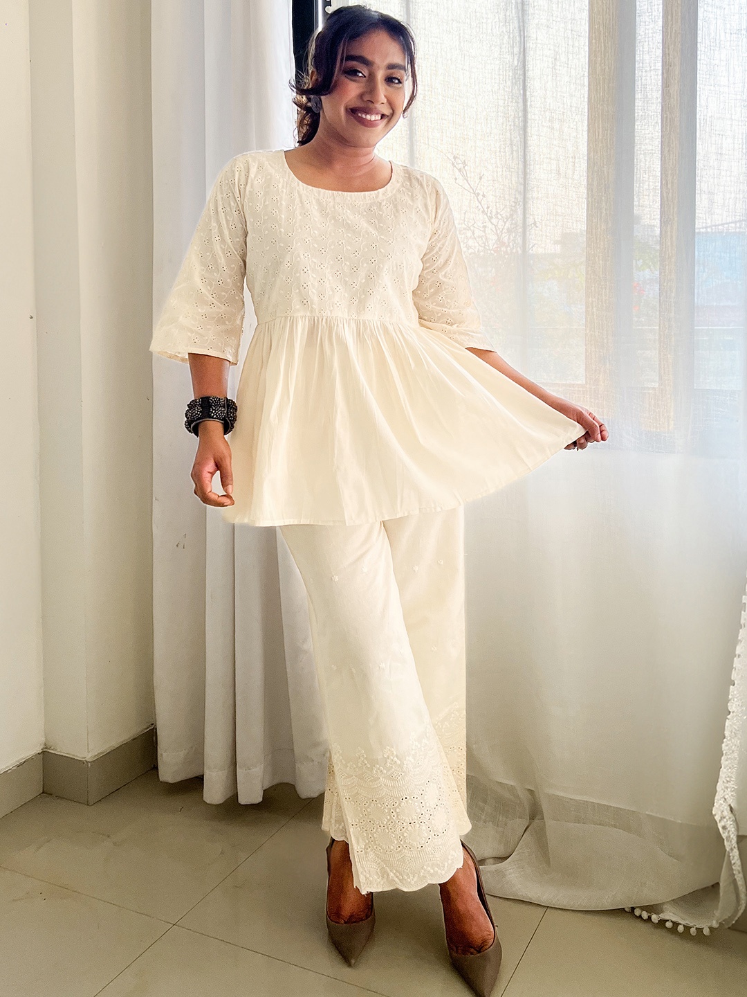 

Libas Self Design Schiffli Pure Cotton A-Line Kurti, Off white