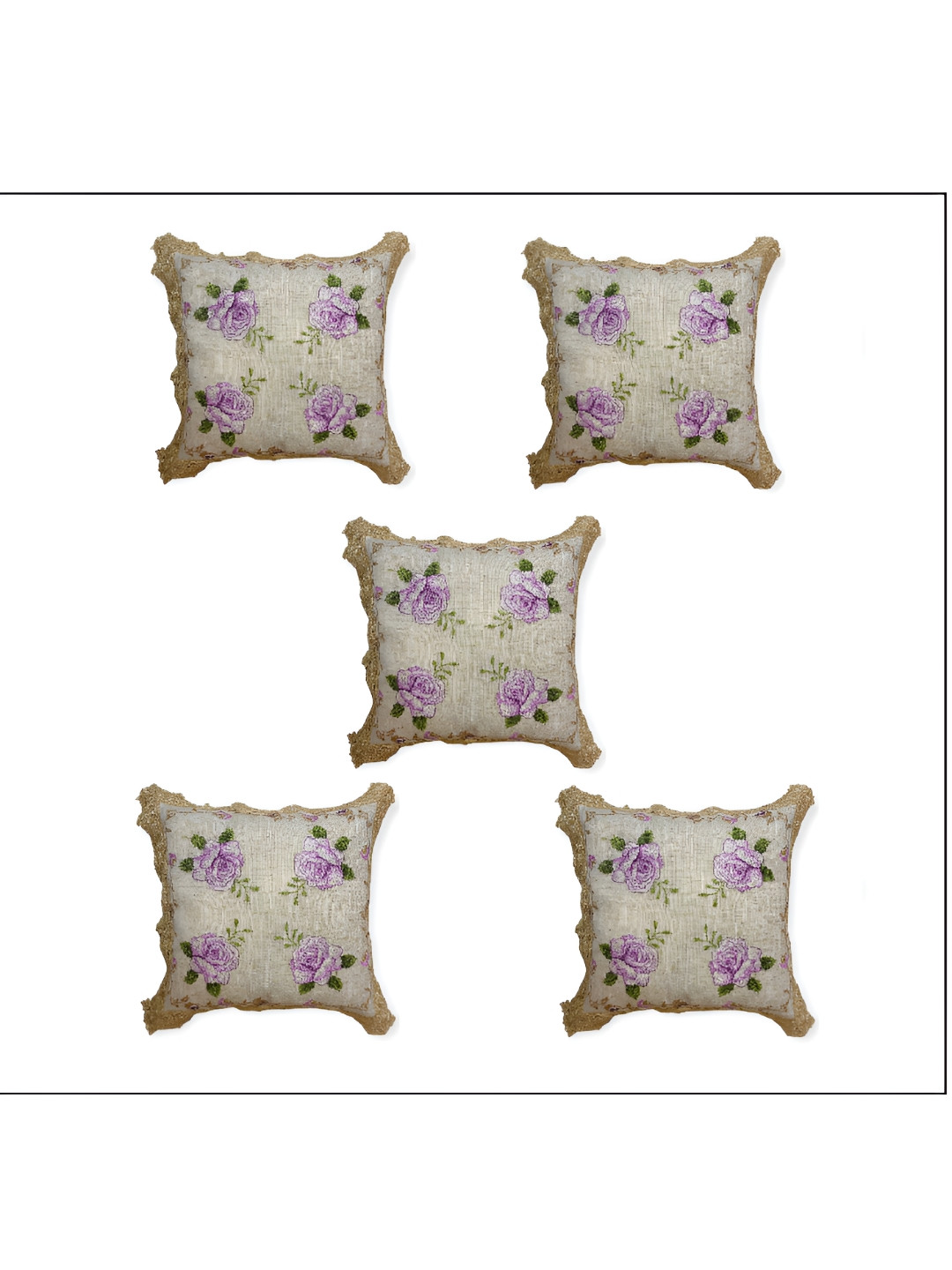 

MONKDECOR Purple & Gold-Toned 5 Pcs Floral Square Cushion Covers