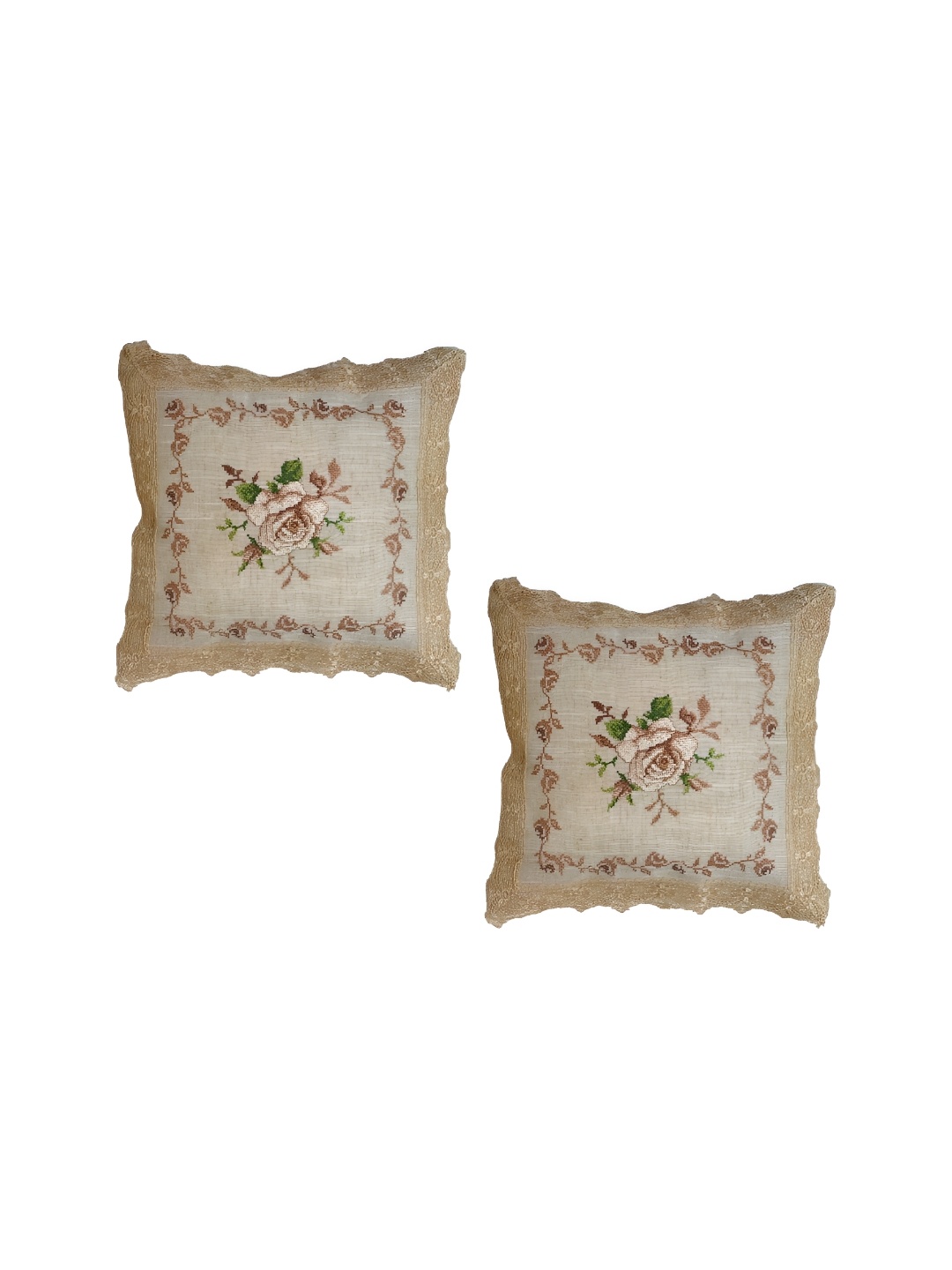 

MONKDECOR Brown & Green 2 Pieces Floral Square Cushion Covers