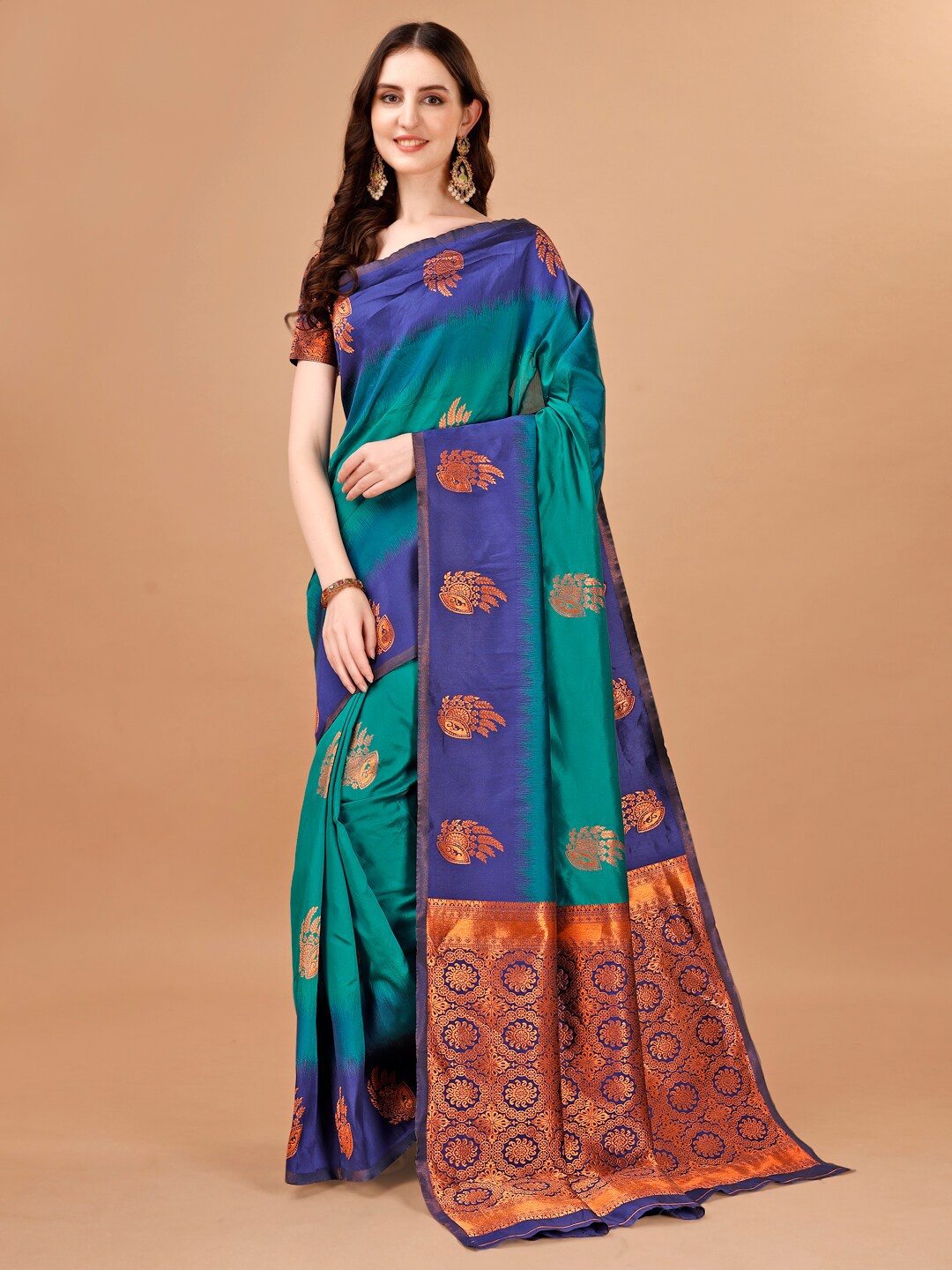 

PMD Fashion Ethnic Motifs Woven Design Zari Bagru Saree, Blue