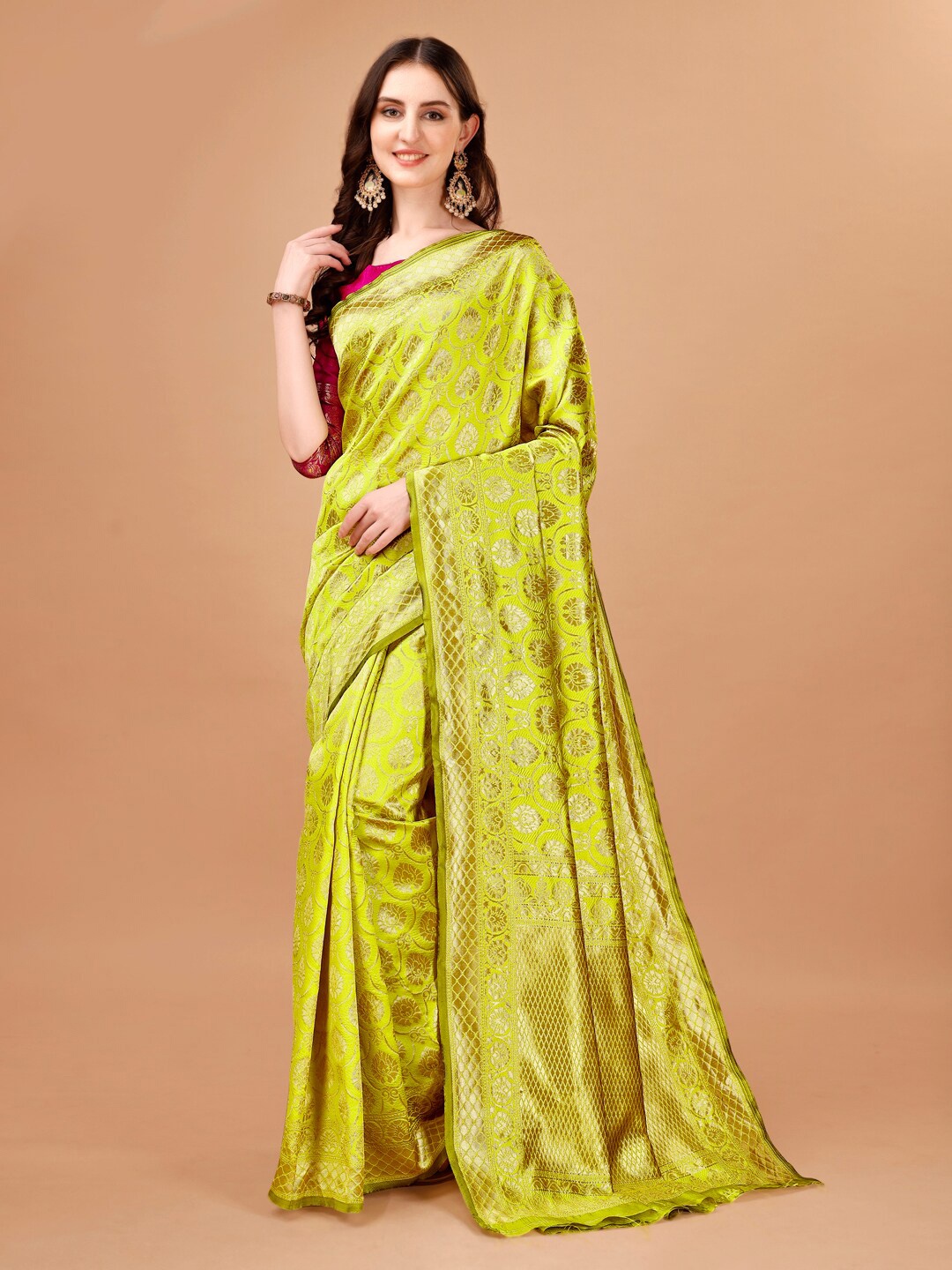 

PMD Fashion Ethnic Motifs Woven Design Zari Bagru Saree, Green